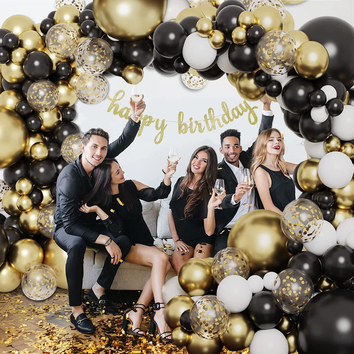 Black and Gold Balloon Arch Kit with Confetti Balloons & Happy Birthday Banner – Elegant Birthday Decorations for Baby Showers, Weddings, Graduations & Parties | Perfect for Indoor & Outdoor Celebrations