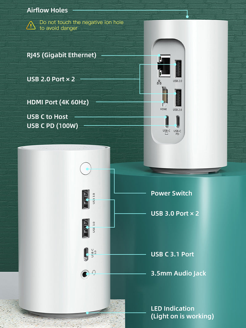 10-in-1 USB-C Docking Station with Negative Ion Air Purifier - Multi-Port Hub for Laptop, Phone & Tablet - Perfect for Home Office, Gaming & Travel