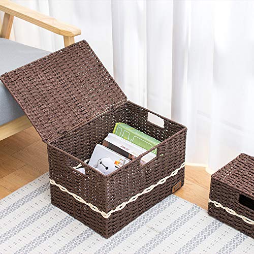 Straw Woven Storage Basket with Lid - Rattan Desktop Organizer for Snacks, Remote Controls - Set of 2 (39x28x26cm) | Perfect for Home, Office & Nursery Organization