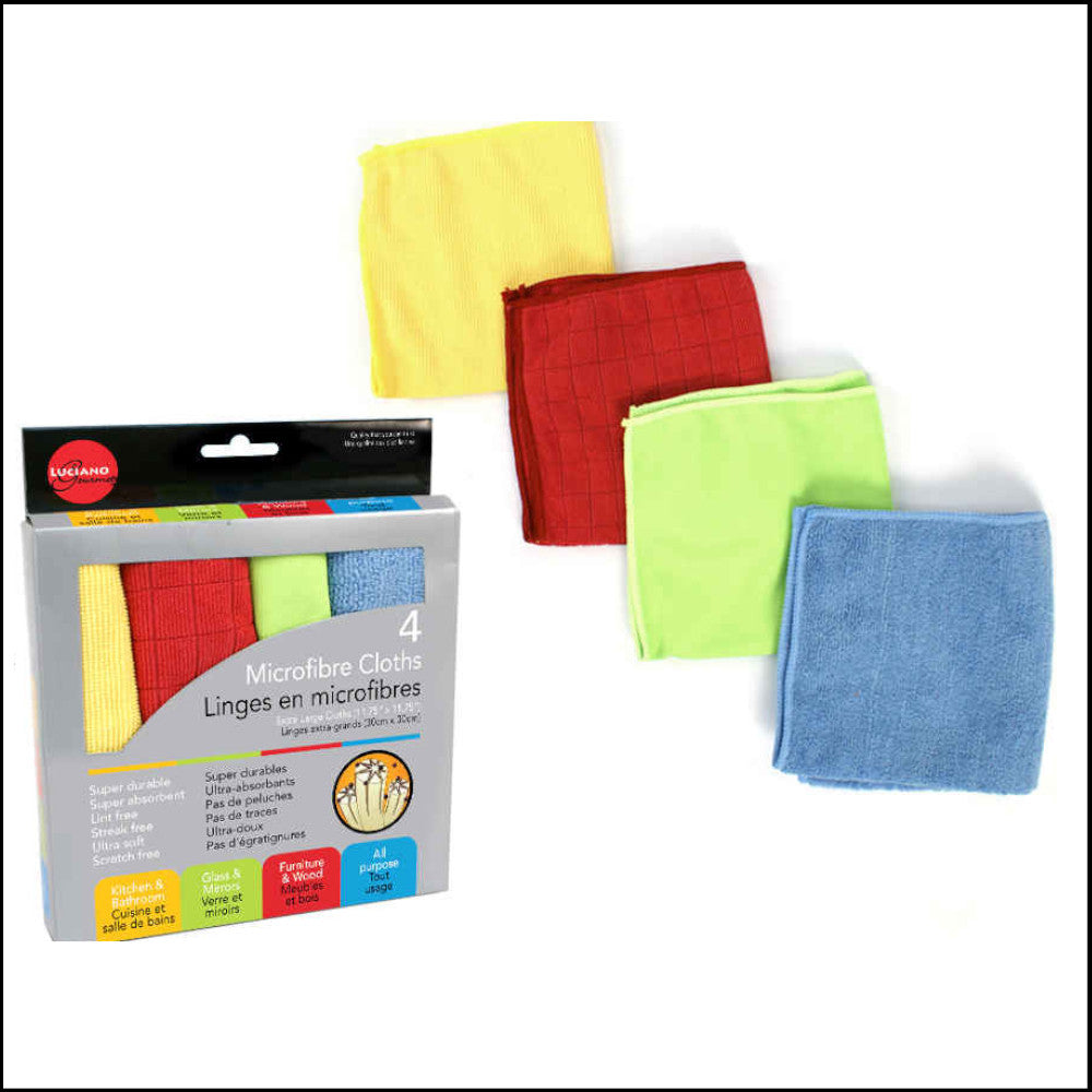 LUCIANO GOURMET Premium 4-Pack Microfiber Cleaning Cloths for Kitchen, Glass, Cars & Electronics - Ultra Soft & Absorbent (Model 70226) - Perfect for Dusting, Polishing & Streak-Free Cleaning