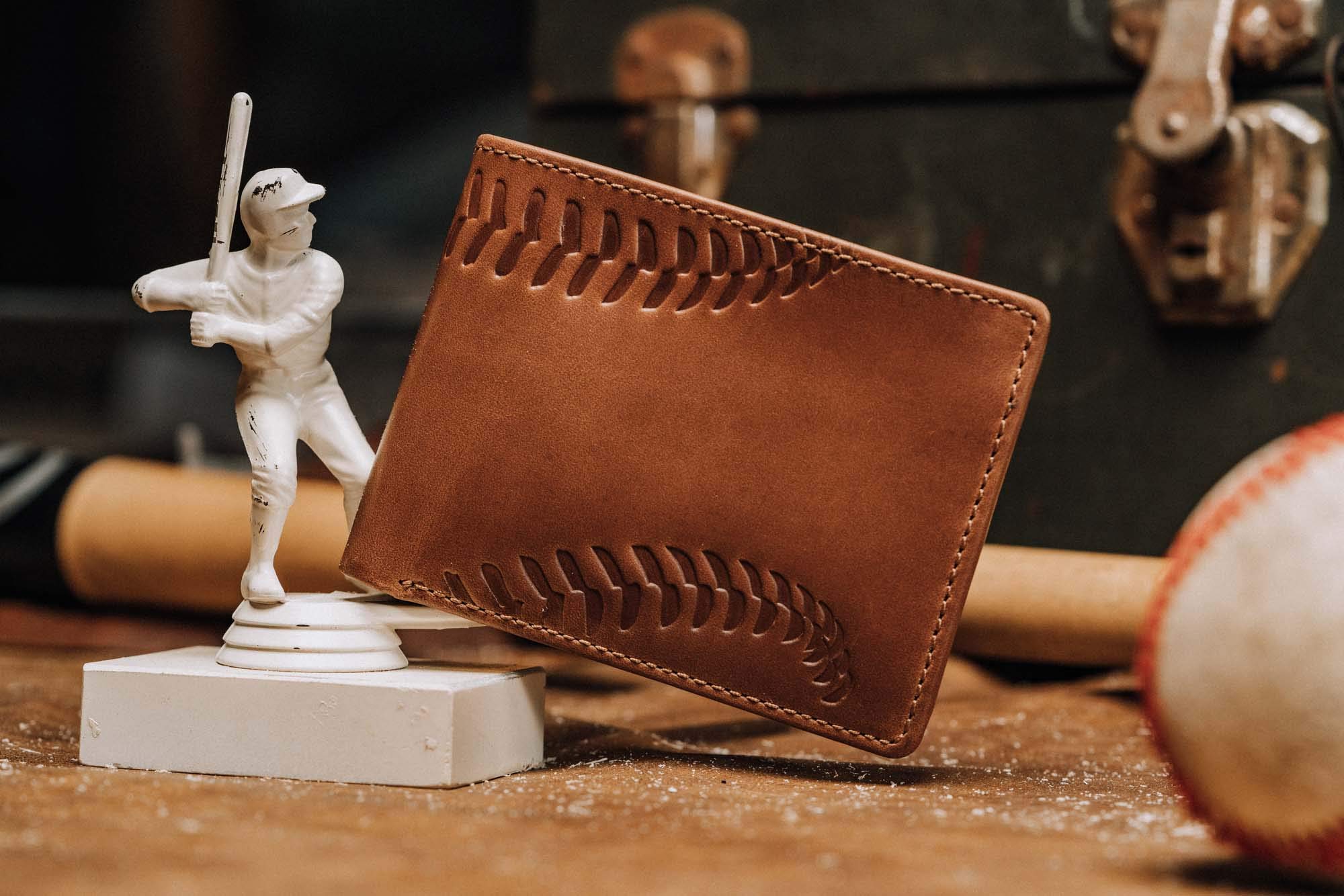 House of Jack Co. Men's Baseball Bifold Wallet - 2 ID Windows, Genuine Full Grain Cowhide Leather, Brown - Perfect Gift for Baseball Fans & Everyday Carry (EDC) Accessories