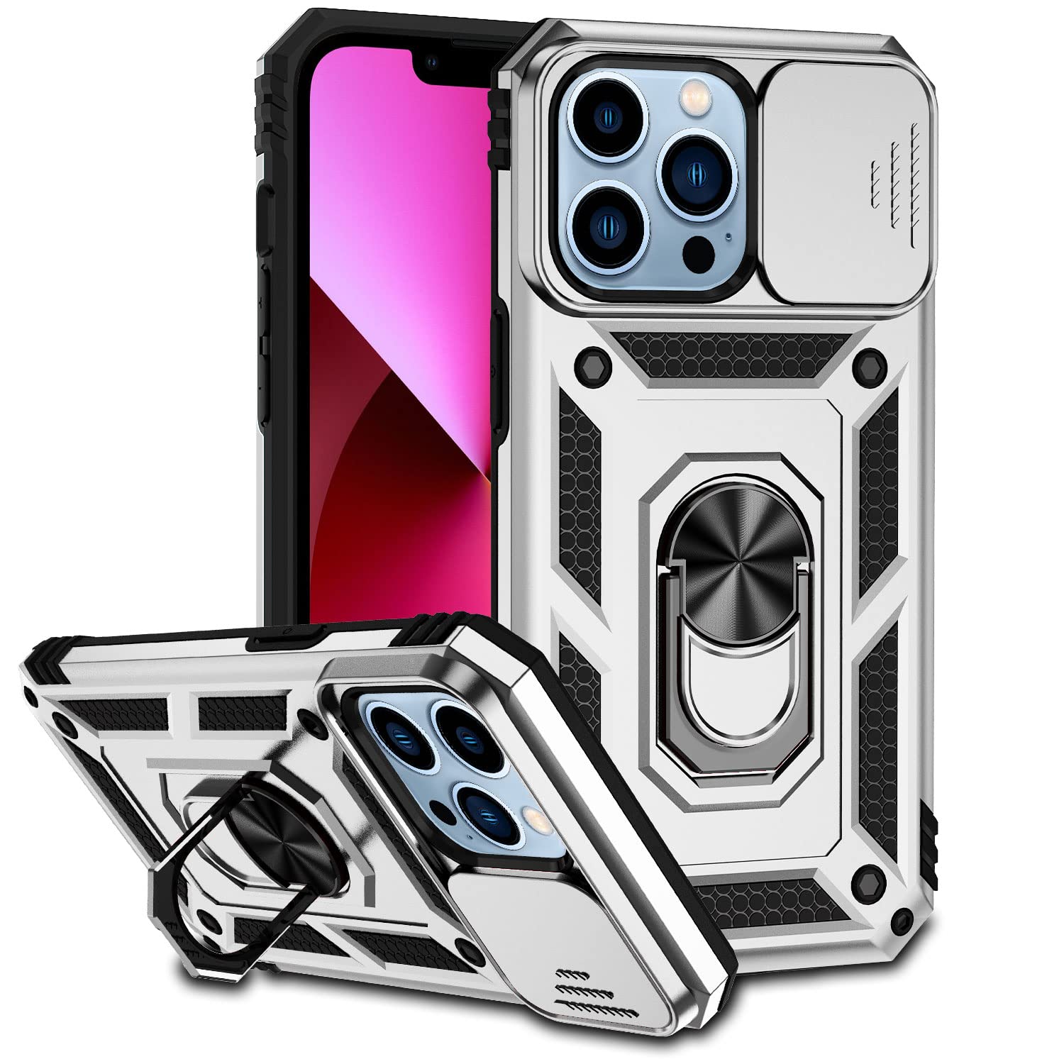 **iPhone 13 Pro Max Case with Camera Cover & Kickstand – Military-Grade Shockproof, Heavy Duty Protection, Magnetic Car Mount Holder – Silver (6.7 Inch) – Perfect for Travel, Work & Outdoor Adventures**