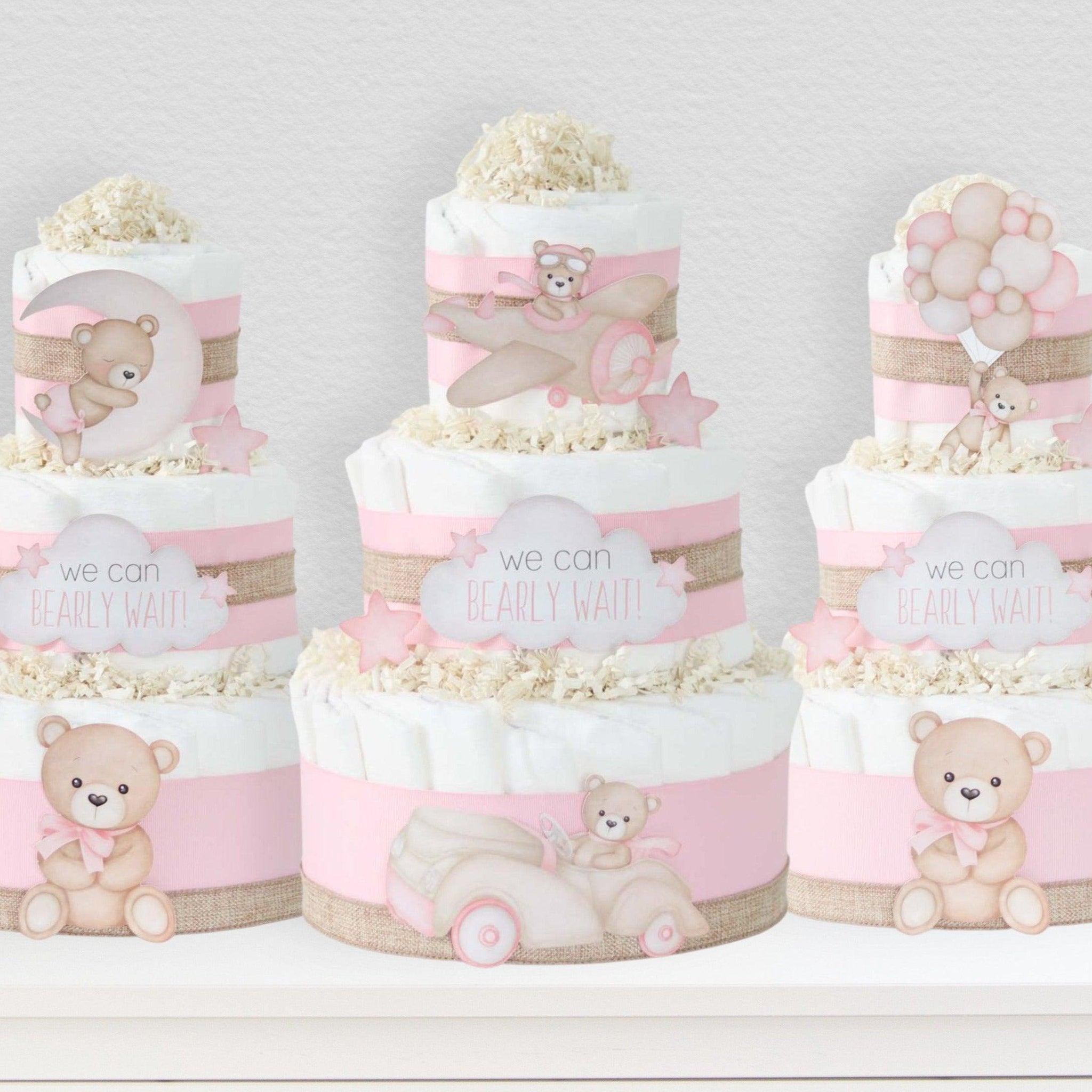 Pink Teddy Bear Diaper Cake Gift Set - Baby Shower, Newborn Celebration, Gender Reveal Party Decor - SKU: DCBG1007