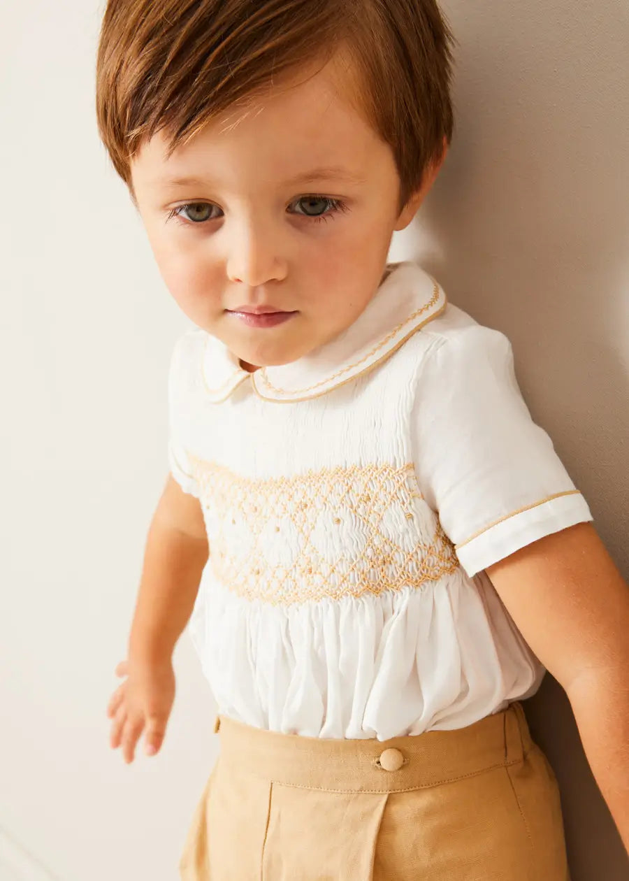 Hand Smocked Peter Pan Collar Short Sleeve Two Piece Set for Girls in Beige (18 Months to 6 Years) - Perfect for Birthday Parties, Photo Shoots & Special Occasions