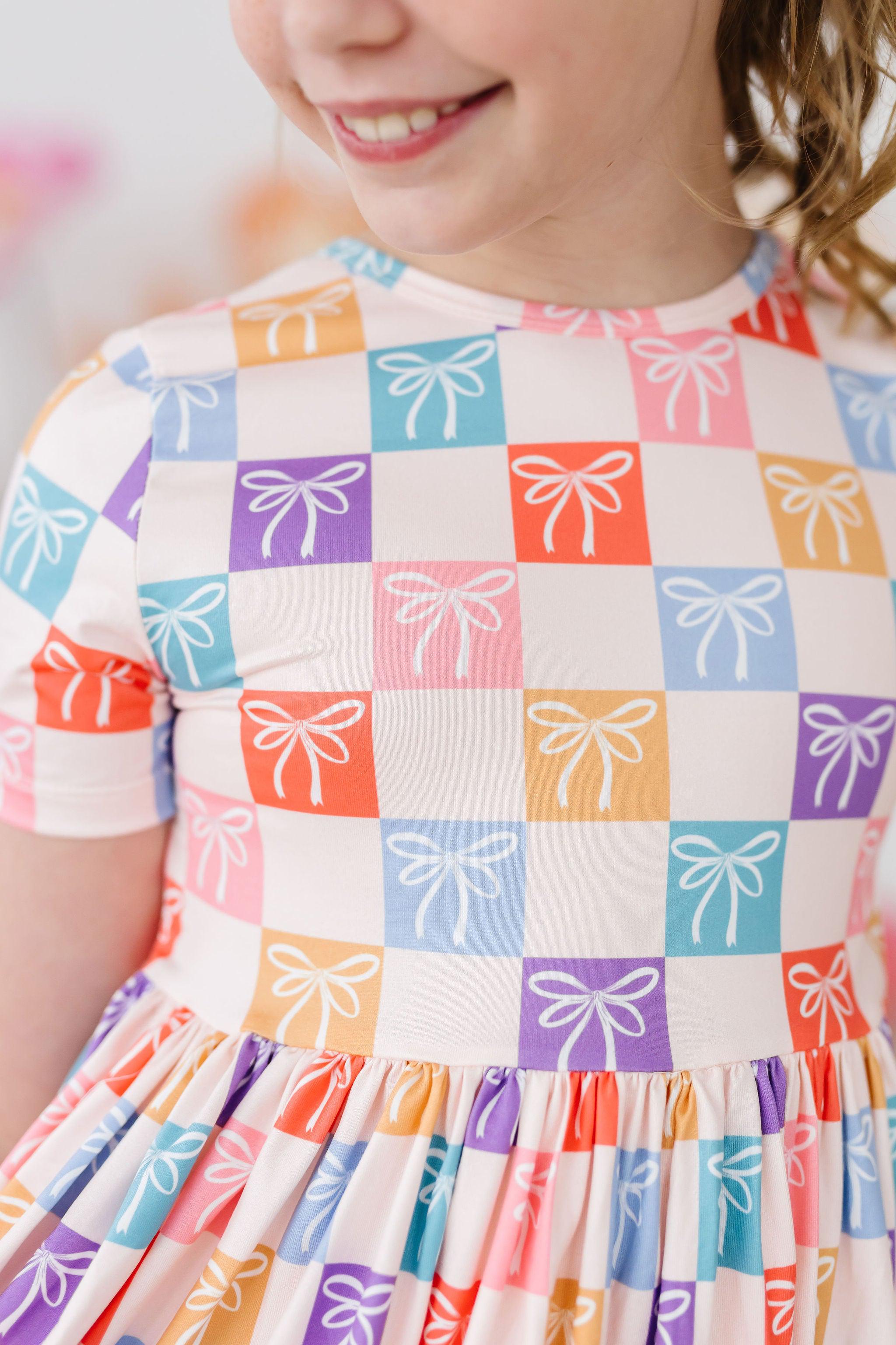 Rainbow Ribbon Short Sleeve Pocket Twirl Dress for Girls - Perfect for Birthday Parties, Dance Performances & Summer Outfits