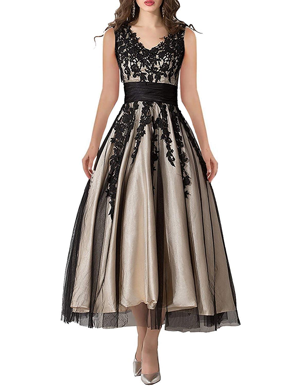 Snowskite Women's Black Lace Applique Tulle Long Formal Evening Dress - Elegant Prom, Wedding Guest & Gala Gown for Special Occasions
