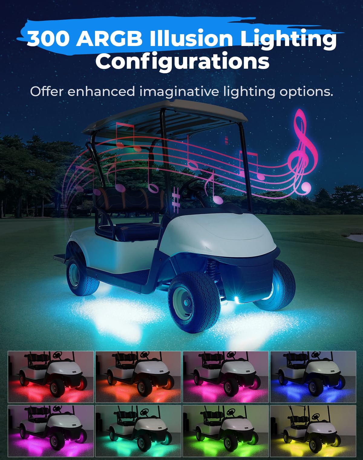 KEMIMOTO 4PCS Golf Cart Underglow LED Strip Lights Kit - 12V Waterproof RGB Lighting for EZGO, Yamaha Drive2, ICON & Kandi - 300 ARGB Modes with Music Sync & APP/RF Control - Perfect for Night Golfing, Cart Shows & Off-Road Adventures