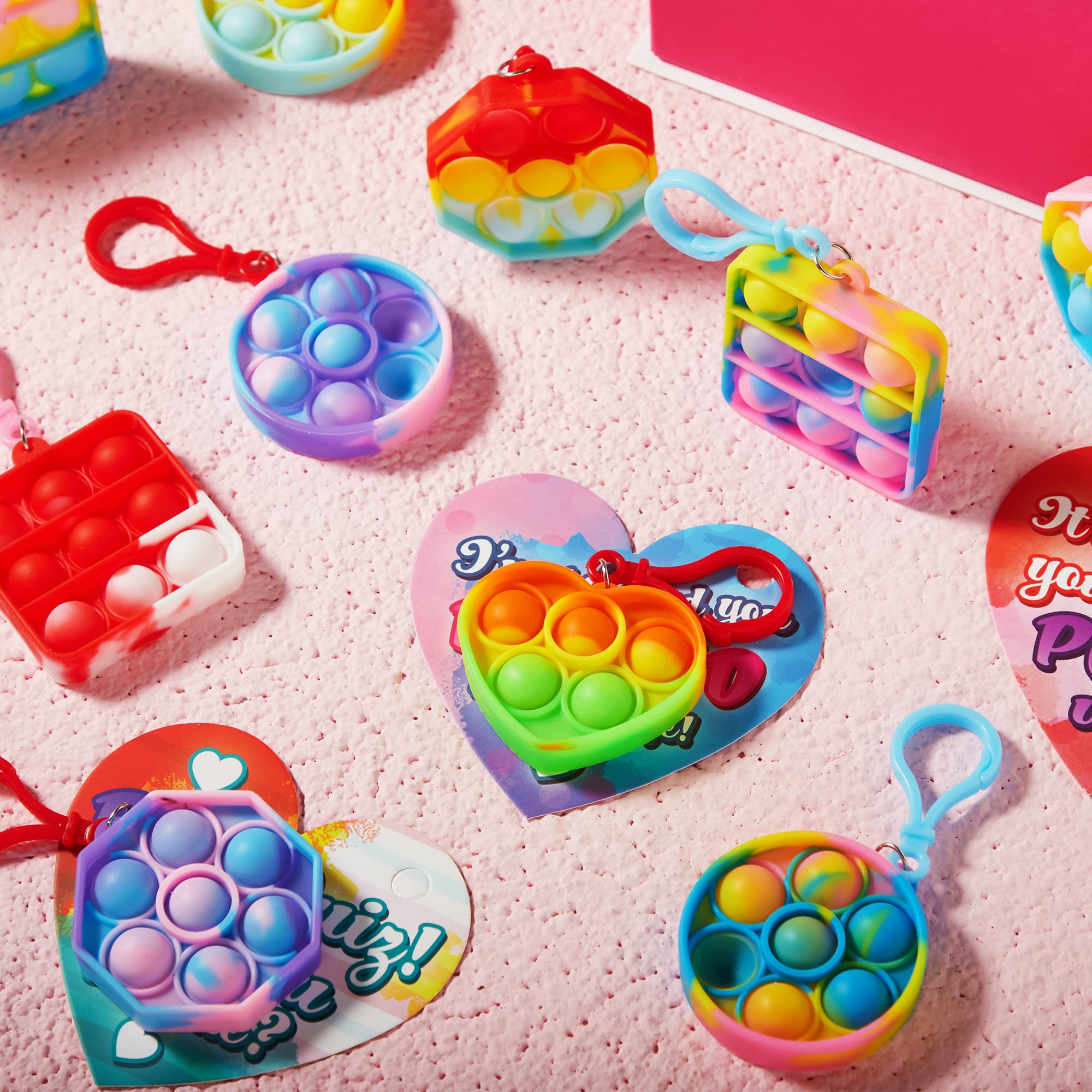 JOYIN 28 Pcs Valentine's Day Gift Cards with Pop Bubble Keychains for Kids - Stress Relief Fidget Toys for Classroom Exchange, Party Favors & Sensory Play - Perfect for Valentine's Day Gifts, School Prizes and Anxiety Relief