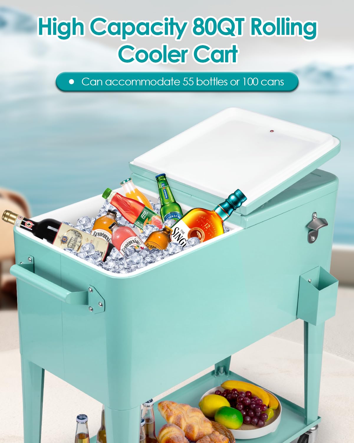 80 Quart Rolling Cooler Cart with Wheels - Portable Outdoor Bar Drink Cooler for Patio, BBQ, Camping & Beach - Heavy Duty Ice Chest Cart for Parties, Tailgating & Picnics