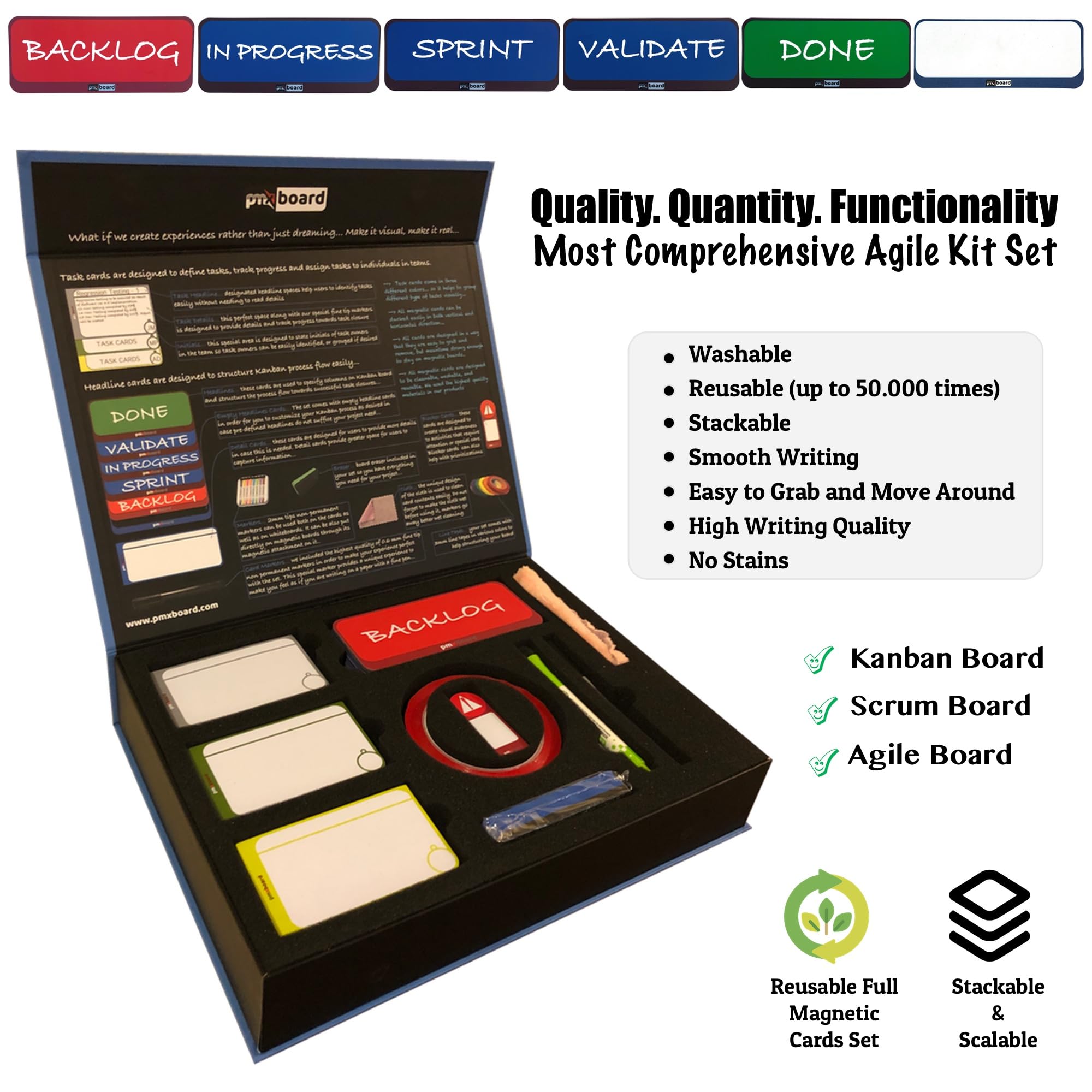 PMXBoard Agile Management Set Plus - 156-Piece Scrum & Kanban Board Kit for Project Management | Magnetic Scrum Cards & Kanban Cards | Complete Agile Project Management Tool Set | Perfect for Team Collaboration, Sprint Planning & Workflow Visualization