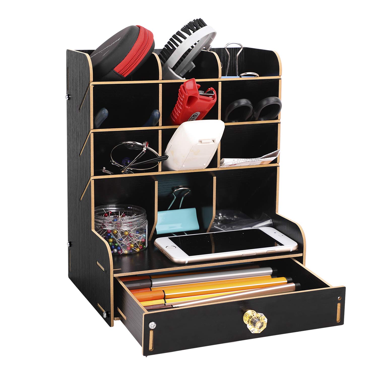 9 Grid Wooden Desktop Organizer with Drawer - Pen Pencil Holder, Marker & Makeup Tools Storage Caddy - Perfect for School, Office & Home Organization (Ideal for Desks, Countertops & Vanity Tables)