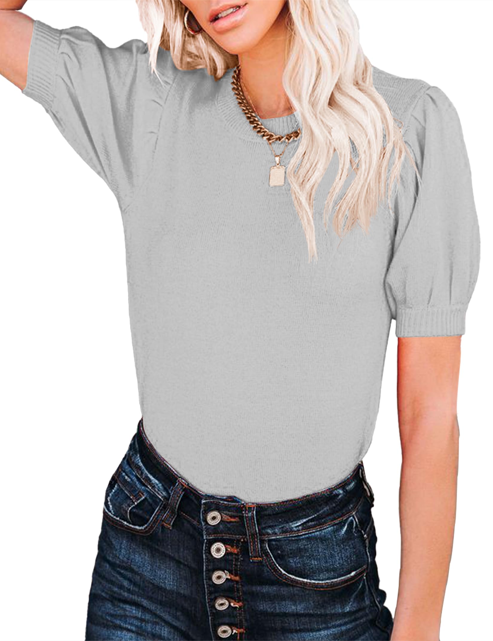 Women's Lightweight Puff Sleeve Crewneck Knit Sweater Top - Soft Casual Pullover Blouse for Everyday Wear, Office & Date Nights