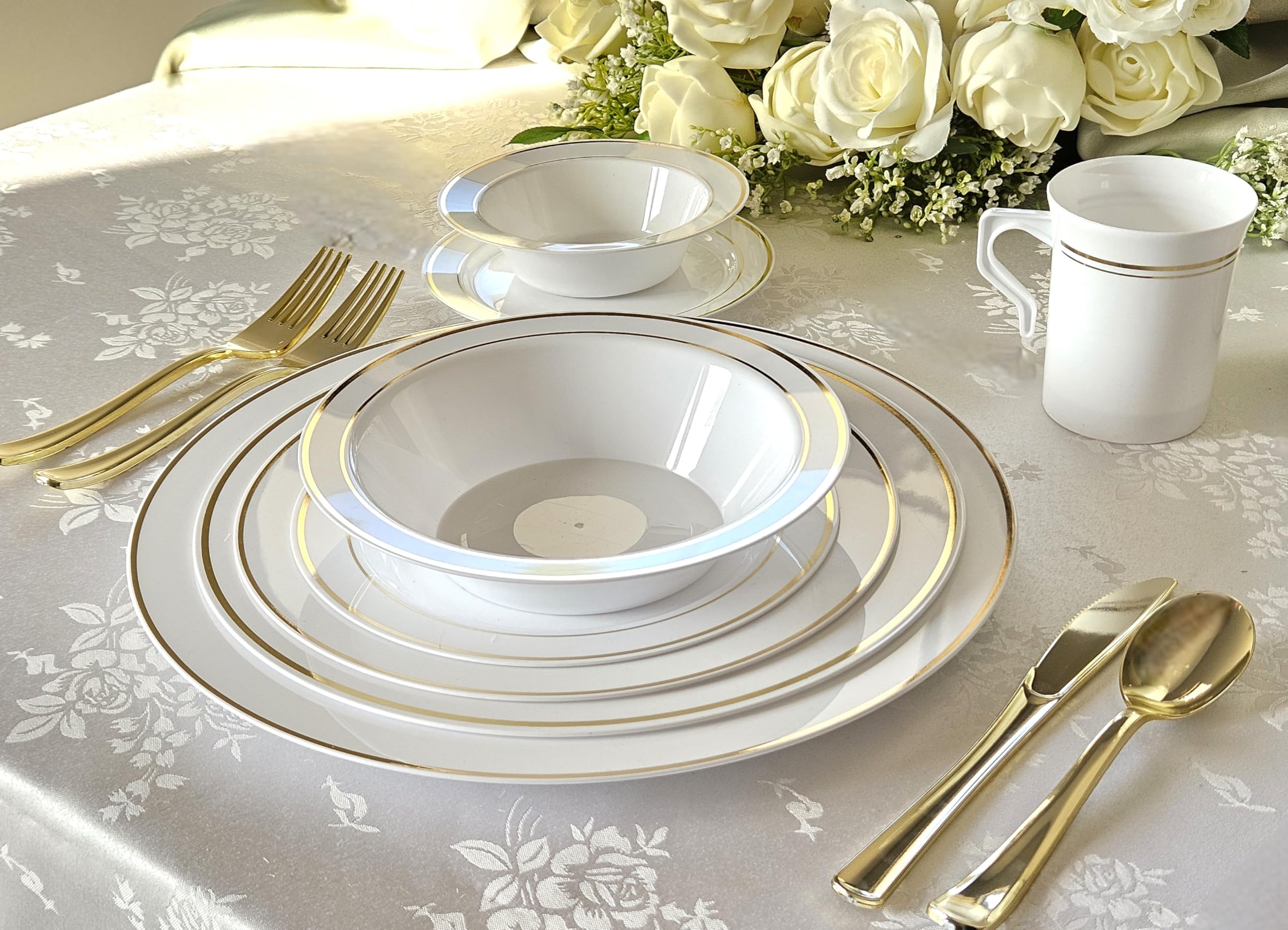 60-Piece Heavyweight Disposable Plastic Bowls Set - 6oz Dessert Plates with Elegant White & Gold Rim for Weddings, Parties & Special Occasions | Perfect for Catering, Events & Home Entertaining