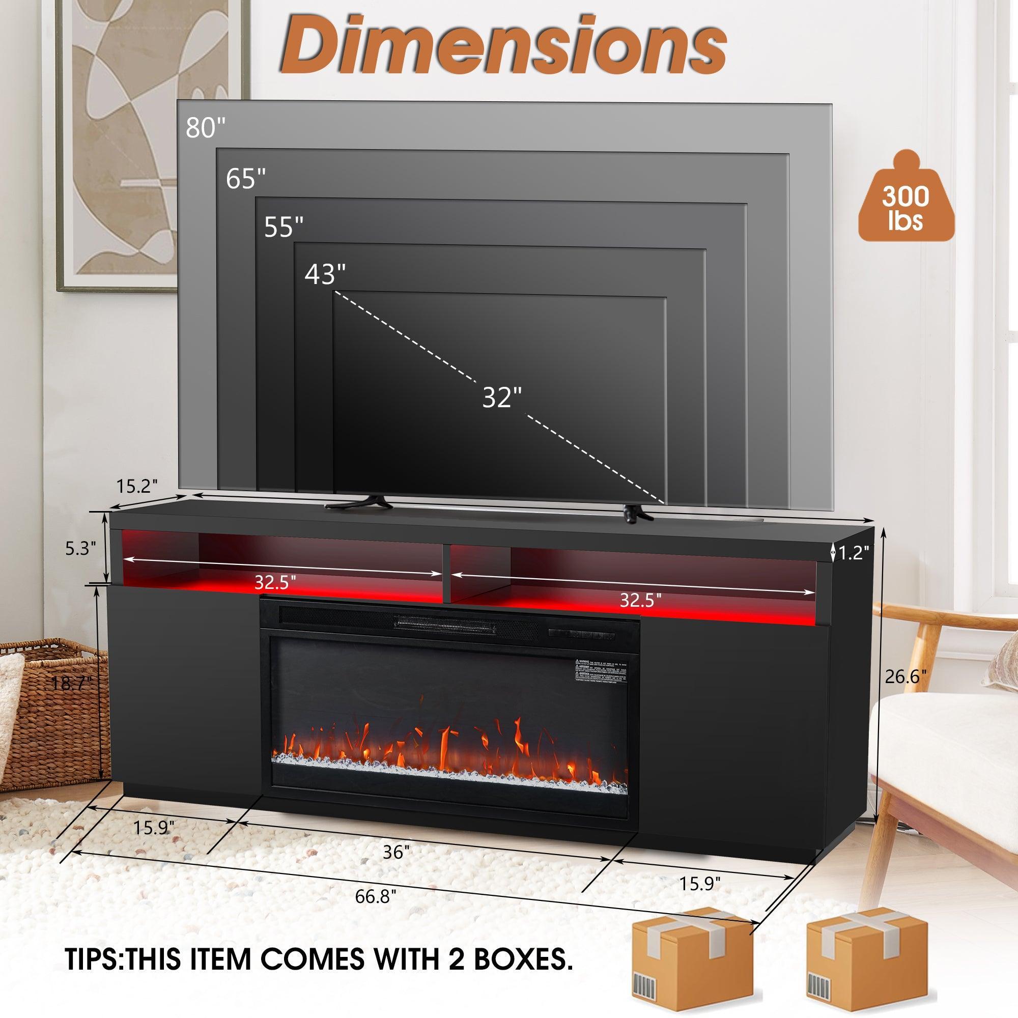 Modern 68-Inch LED TV Stand with 36-Inch Insert Opening & Electric Fireplace - Black or White - Perfect for Living Room Home Theater & Cozy Winter Nights