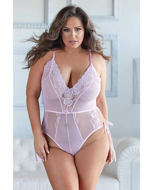 Allure Belle Lace & Mesh Tie Up Romper for Women - Plus Size 2X/3X in Pink | Sexy Bodysuit for Date Night, Club Wear & Boudoir Photography
