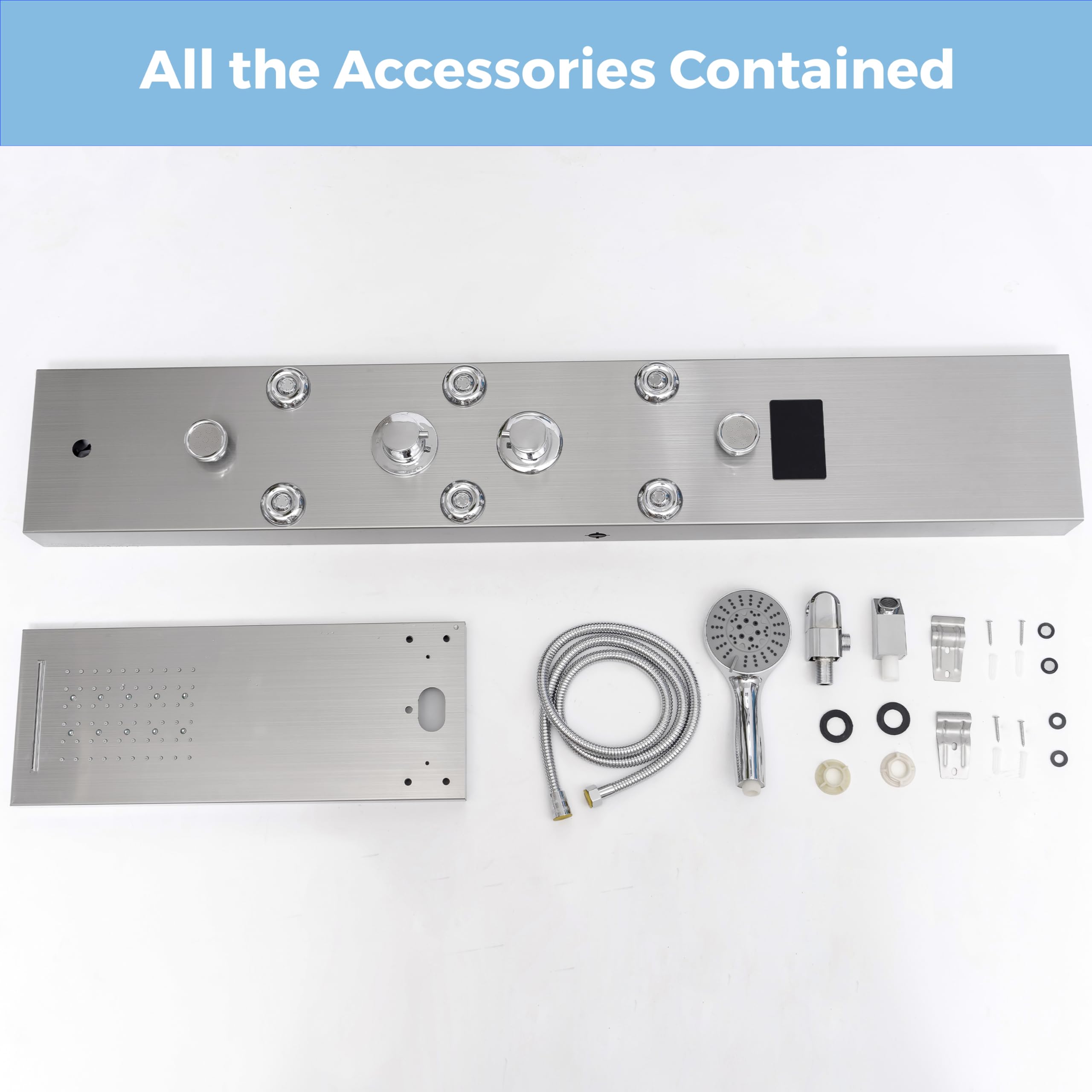DELAVIN Stainless Steel LED Shower Panel Tower with Temperature Display - 5-Function Rainfall, Waterfall, Massage Jets, Tub Spout & Handheld Showerhead in Brushed Nickel | Perfect for Spa-Like Bathroom Upgrades & Luxury Shower Experiences