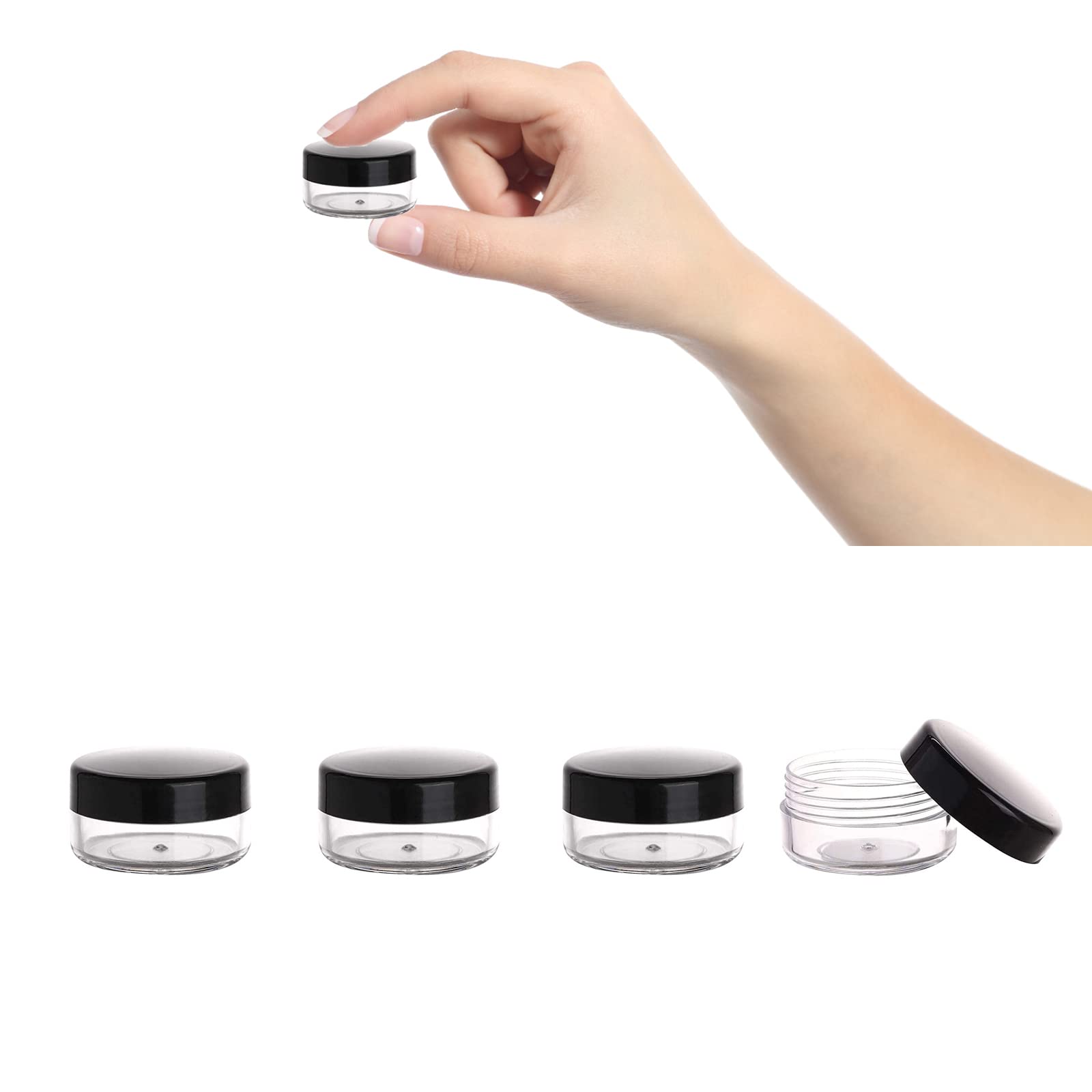 4 Pack Small Travel Toiletry Pots - 10 Gram Cosmetic Sample Jars with Lids - Leakproof Plastic Containers for Lip Balm, Creams & Makeup Samples (Black) | Perfect for Travel, Gym & Daily Beauty Organization
