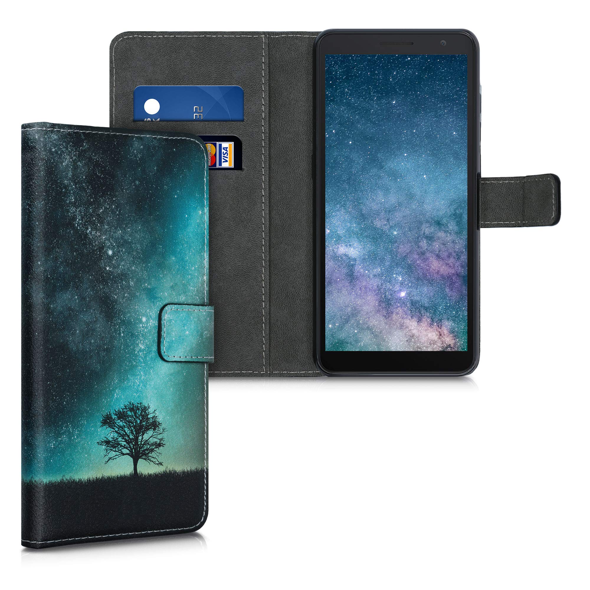 kwmobile Wallet Case for Alcatel 1B (2020) - Slim Protective Phone Cover with Card Slots | Cosmic Nature Blue/Grey/Black | Perfect for Everyday Use & Travel