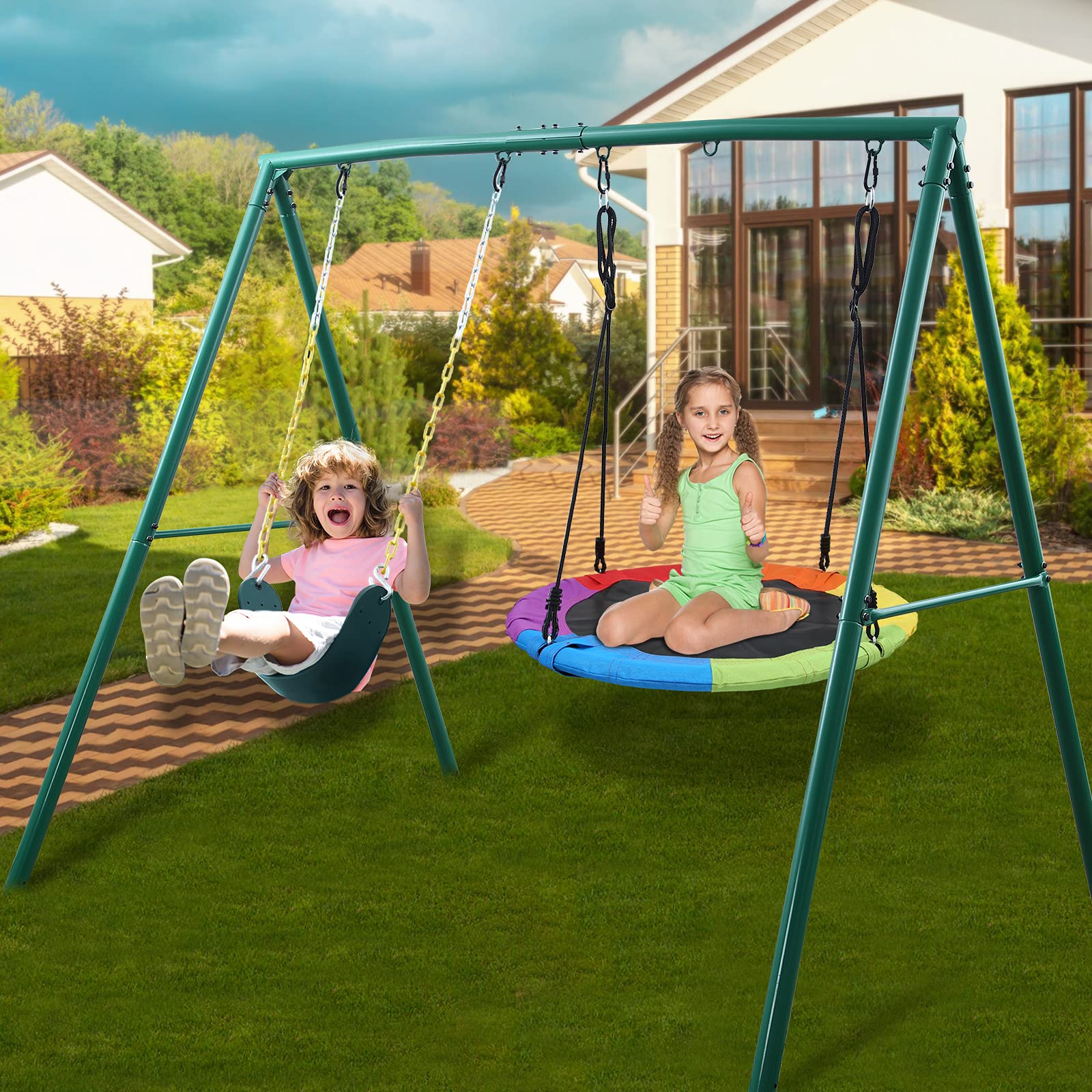 Heavy Duty 440lbs Capacity Metal Swing Stand Frame with Ground Stakes - for Kids & Adults Outdoor Play, Backyard, Garden, Park - Compatible with Most Swing Seats