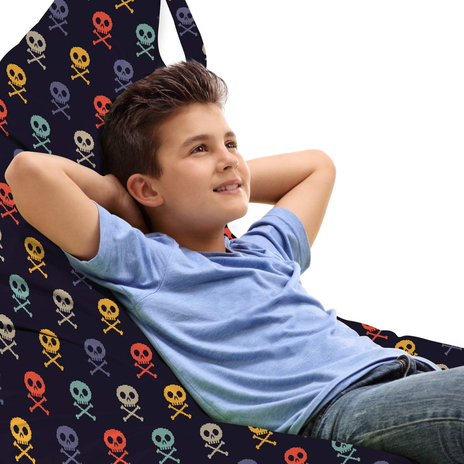 Ambesonne Pixel Art Lounger Chair Bag - Pirate Skull & Bones Design on Dark Background, Large Capacity Storage with Handle, Multicolor | Perfect for Beach, Camping & Outdoor Lounging