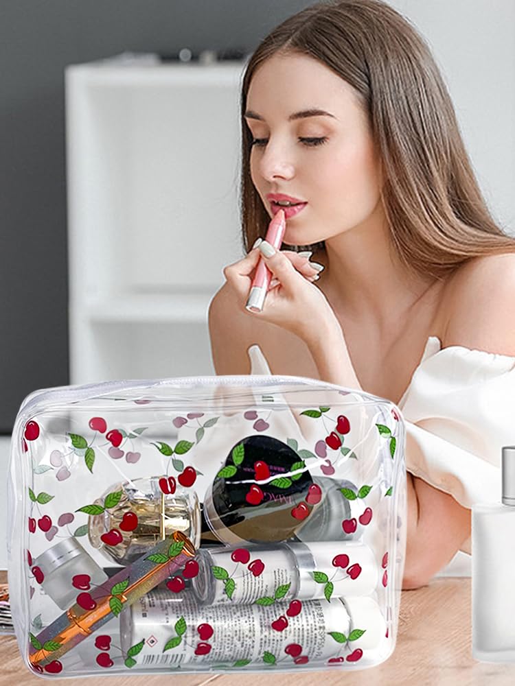 2PCS Red Cherry Print Transparent PVC Cosmetic Bags - Waterproof Travel Makeup Organizer for Women & Girls | Perfect for Toiletries, Travel Essentials & Daily Storage