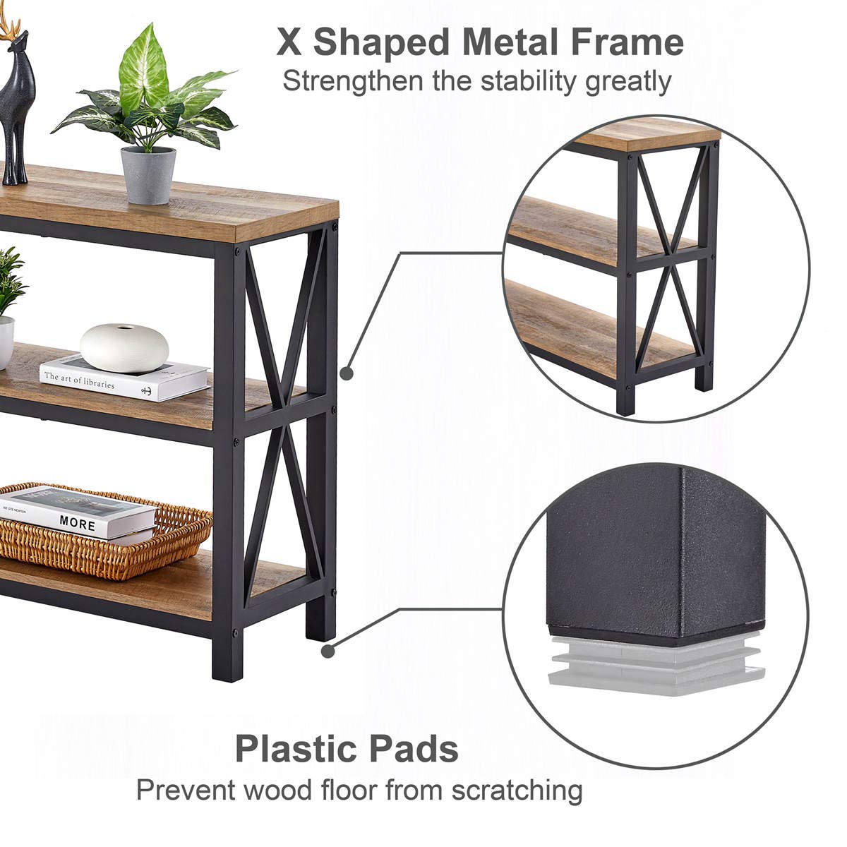 FATORRI 55 Inch Rustic Oak Industrial Console Table with 3-Tier Shelves - Entryway Sofa Table, Hallway Table for Living Room, Bedroom & Office - Perfect for Home Decor, Storage & Display