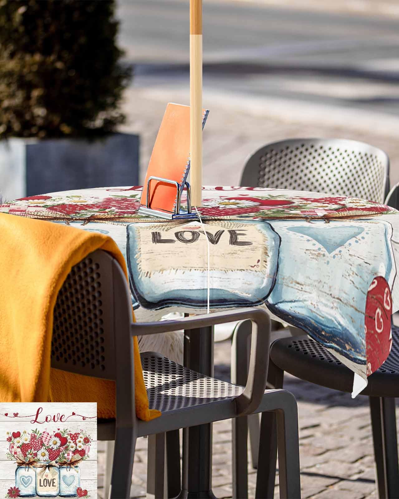 Valentine's Day Waterproof Spillproof Tablecloth with Umbrella Hole & Zipper - Romantic Daisy Print Outdoor Dining Table Cover for Picnic, Patio, Party & Dinner - Fits Rectangle Tables with Vase & Heart Decorations - Perfect for Romantic Dates, Garden Parties & Outdoor Celebrations