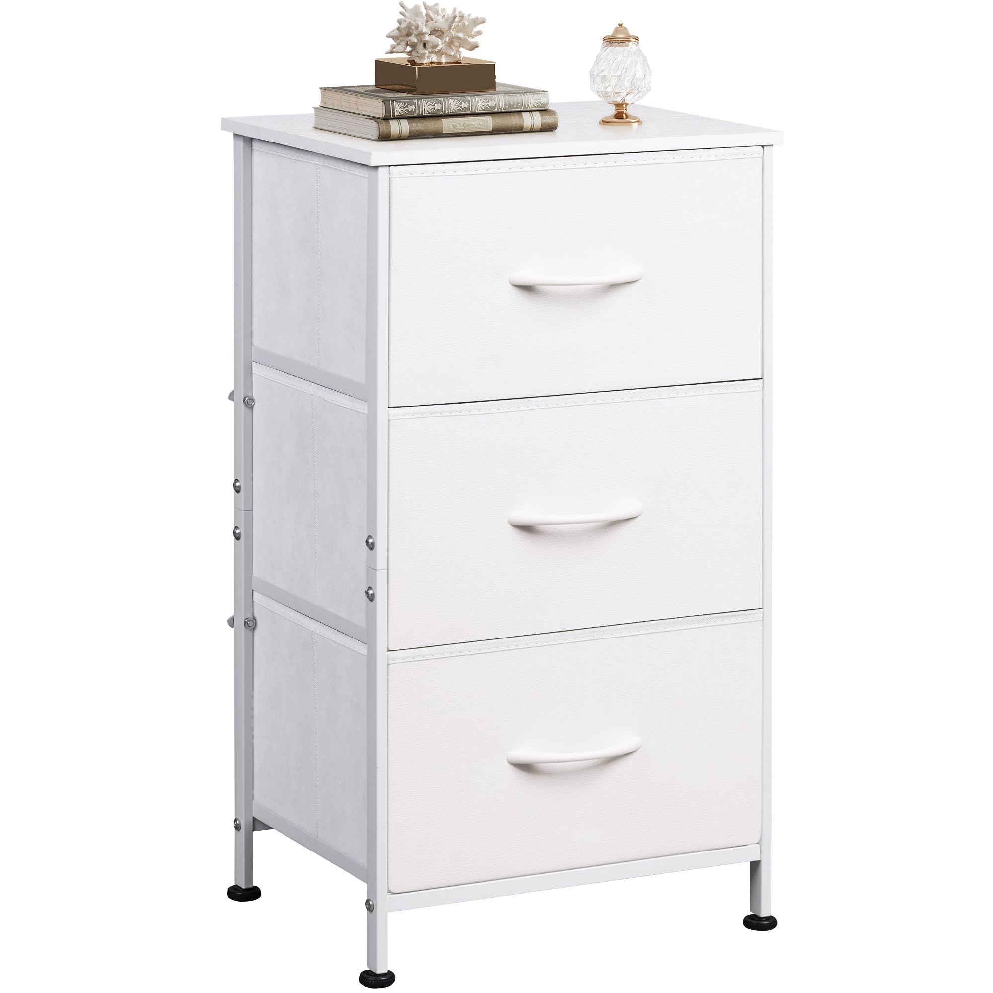 WLIVE 3-Drawer Fabric Nightstand with Wood Top - Sturdy Steel Frame Dresser Organizer for Bedroom, Hallway, Entryway & Closet Storage - Easy Pull Handle, White - Perfect for Small Spaces & Apartment Living