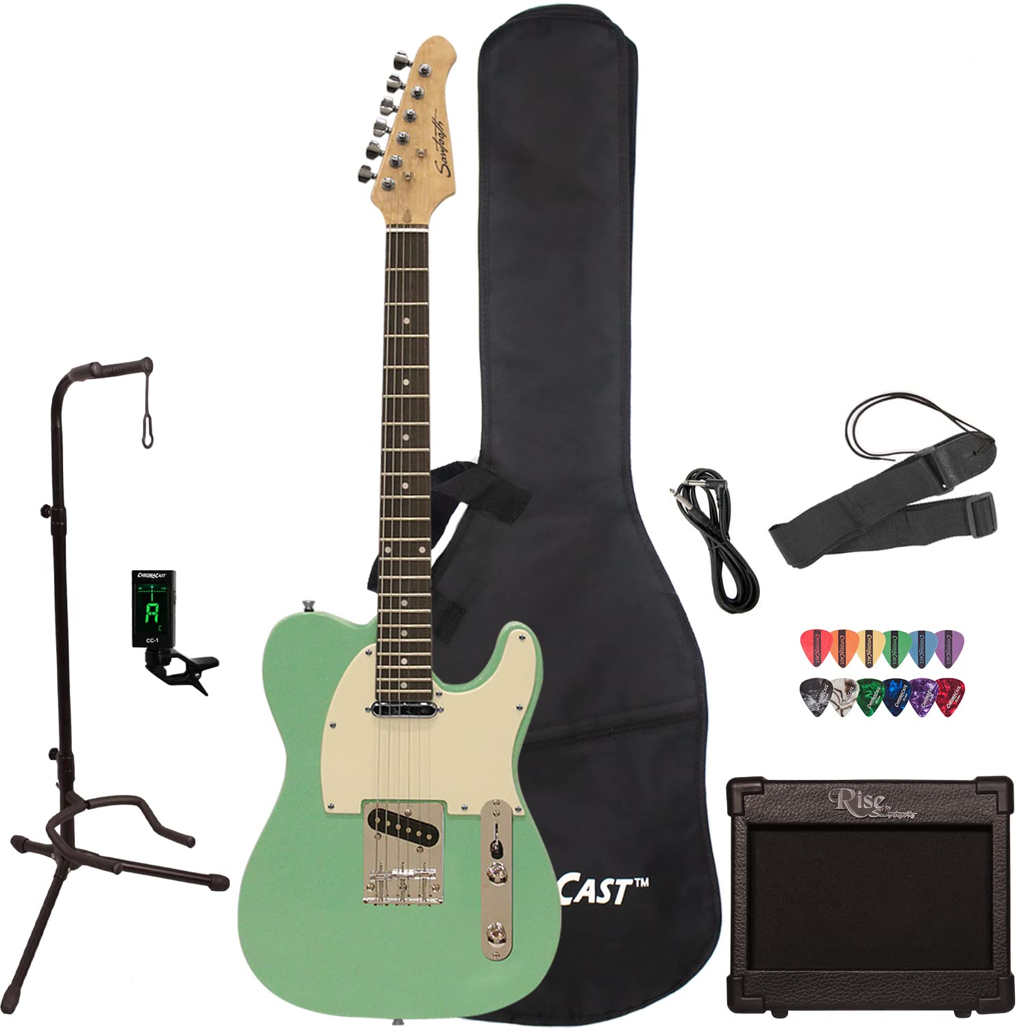 Sawtooth ET Series Electric Guitar Kit - Surf Green Finish with Aged White Pickguard | Includes Amp & ChromaCast Accessories for Beginners & Professionals | Perfect for Live Performances, Studio Recording & Home Practice