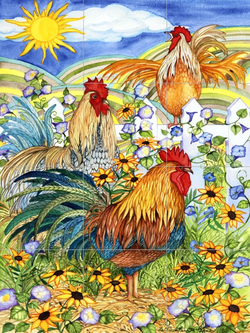 Ceramic Backsplash Tile Mural - Rooster Hen Chicken Design for Kitchen & Bathroom - 'Good Morning' by Kathleen Parr McKenna - Perfect for Farmhouse & Country Style Decor