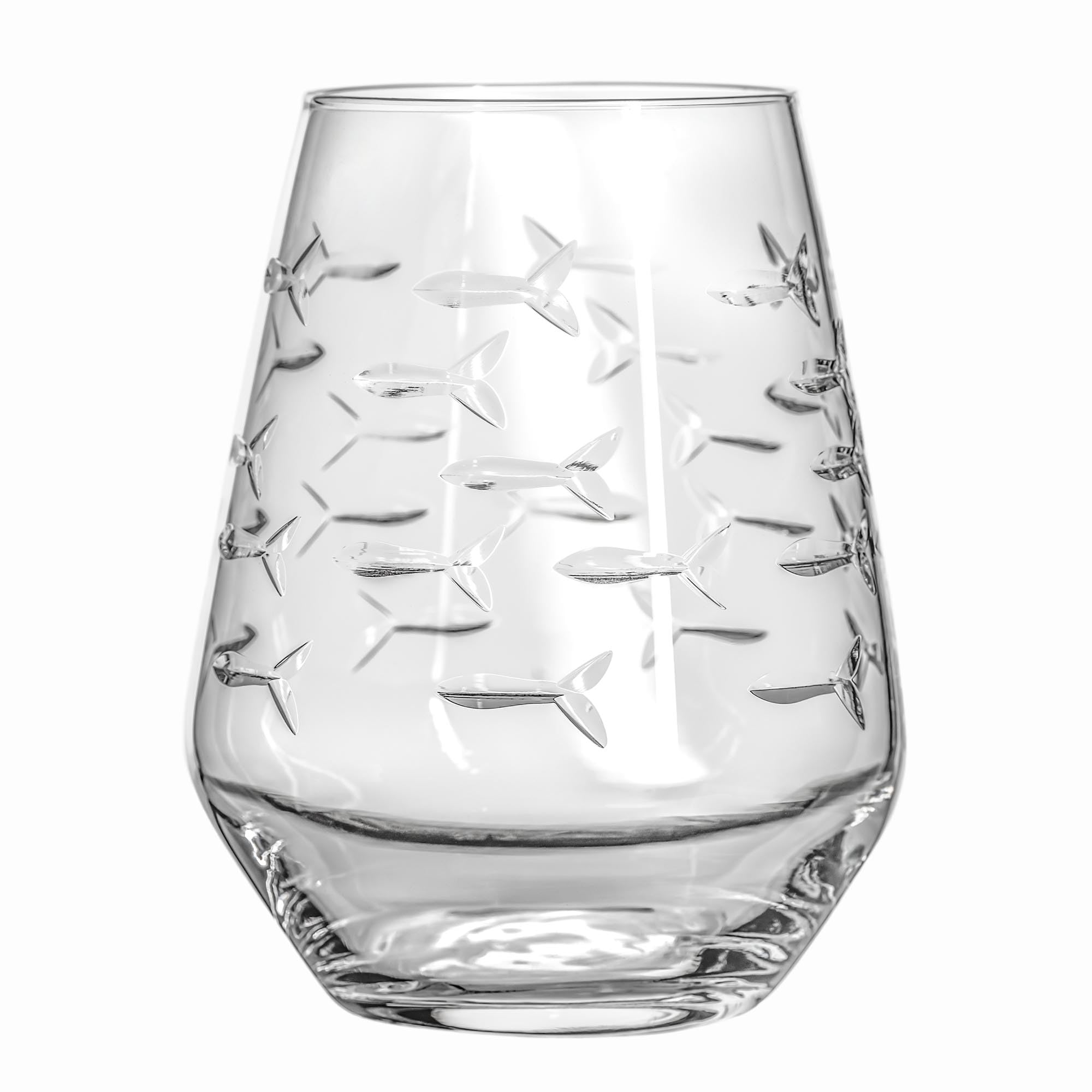 Rolf Glass School of Fish Stemless Wine Tumblers - Set of 4 Lead-Free 18oz Glasses | Hand Engraved & Polished in USA | Perfect for Parties, Gifts & Home Decor