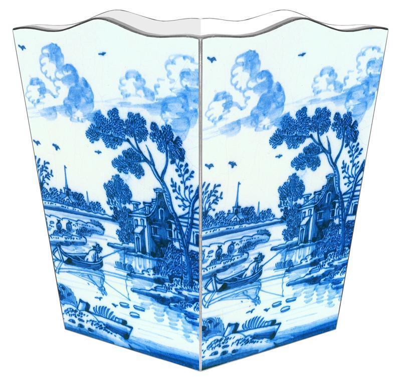 Delft Blue Landscape Decoupage Waste Bin with Optional Tissue Box Cover - Elegant Trash Can for Bathroom, Bedroom, or Office Decor