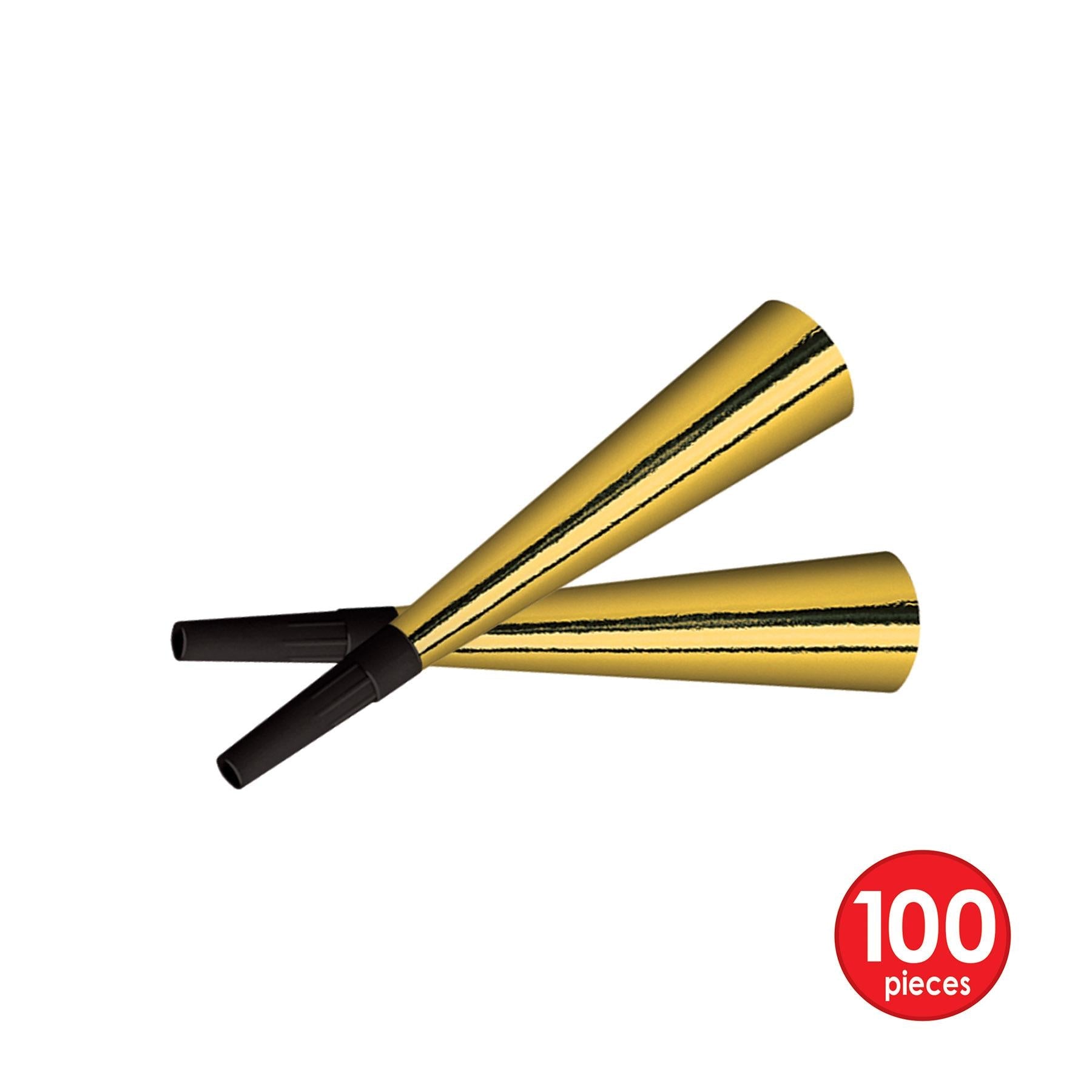 100 Pack Beistle Sparkling Gold New Years Party Horns - Noise Makers for NYE Celebrations, Birthday Parties & Festive Events - Perfect for Countdowns, Balloon Drops & Champagne Toasts