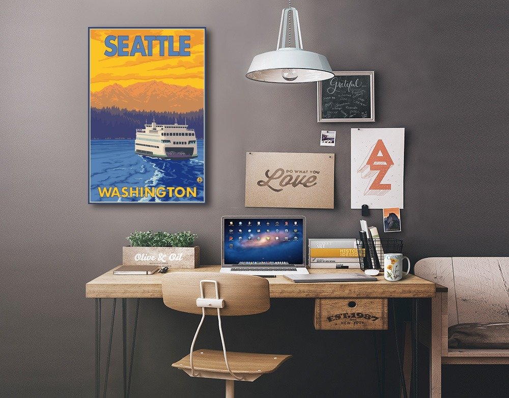 Lantern Press Seattle Washington Ferry and Mountains Wall Art - 16x24 Wrapped Canvas Print - Pacific Northwest Home Decor for Living Room, Bedroom & Office