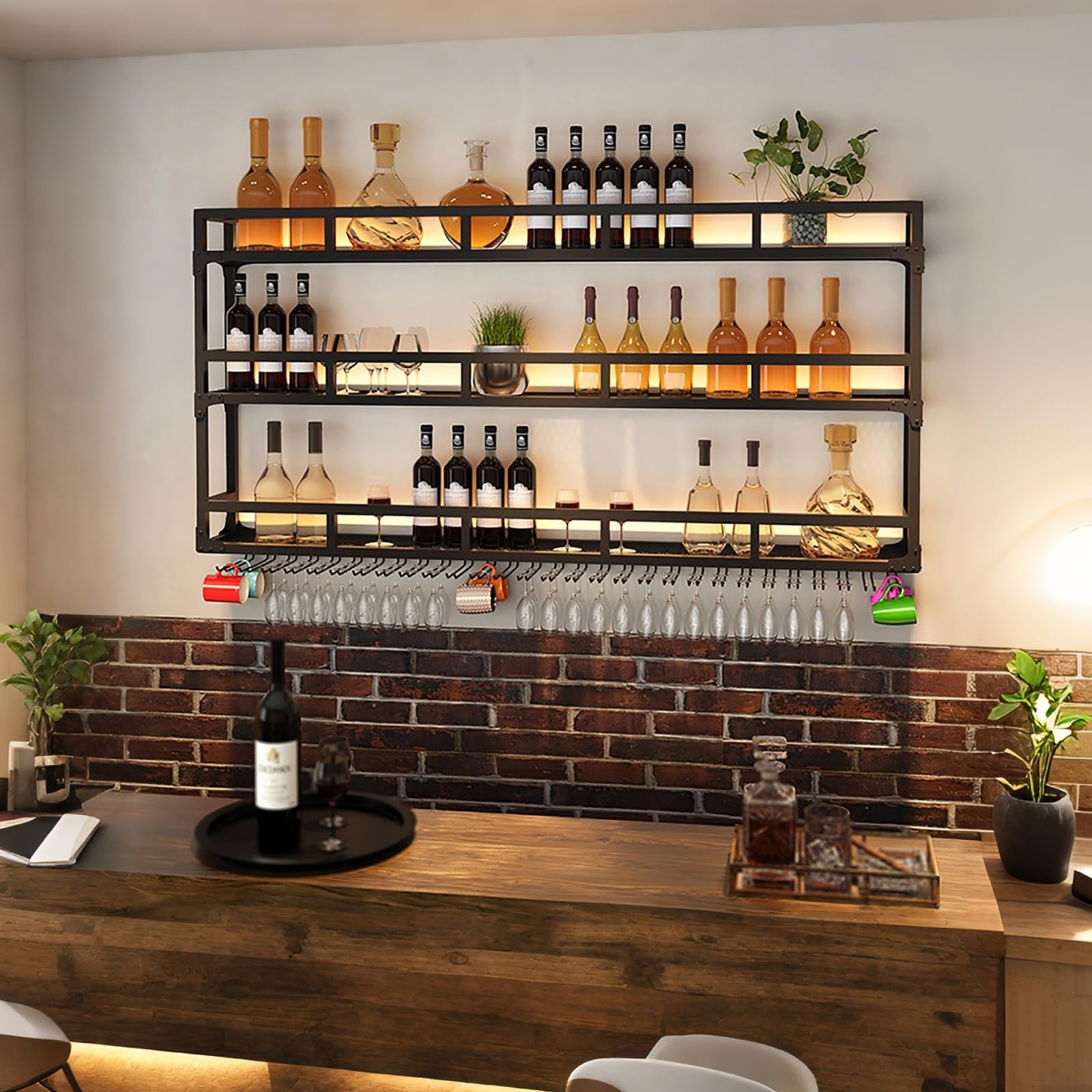 Modern Black Metal Wall Mounted Wine Rack - Large Capacity Hanging Bar Shelf for Liquor Bottles Storage | Iron Floating Wine Holder for Kitchen, Dining Room & Home Decor | Perfect for Wine Enthusiasts & Entertaining Guests