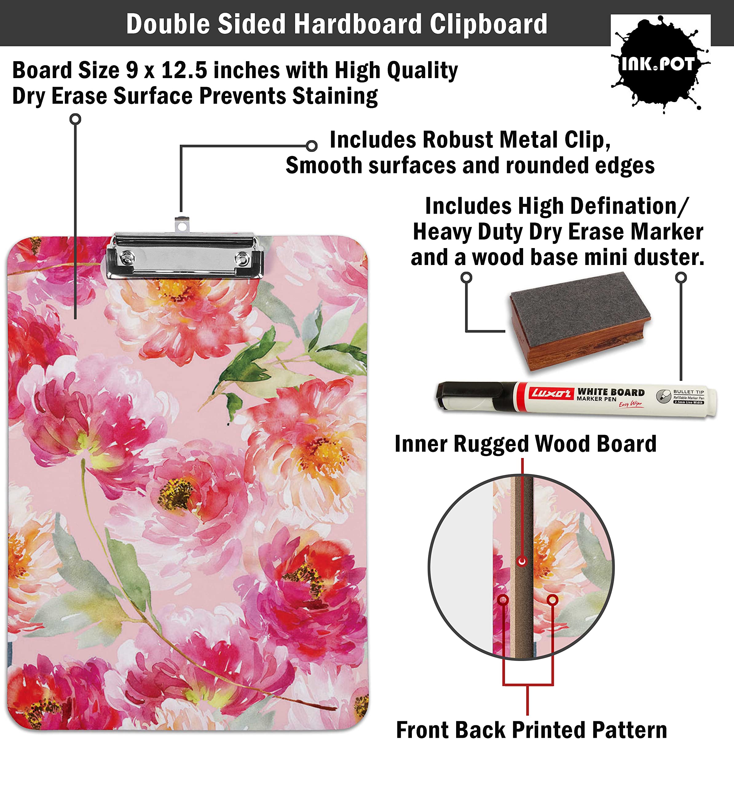 Double Sided Dry Erase Clipboard 9x12.5 - Letter Size with Free Marker & Duster for Office & School