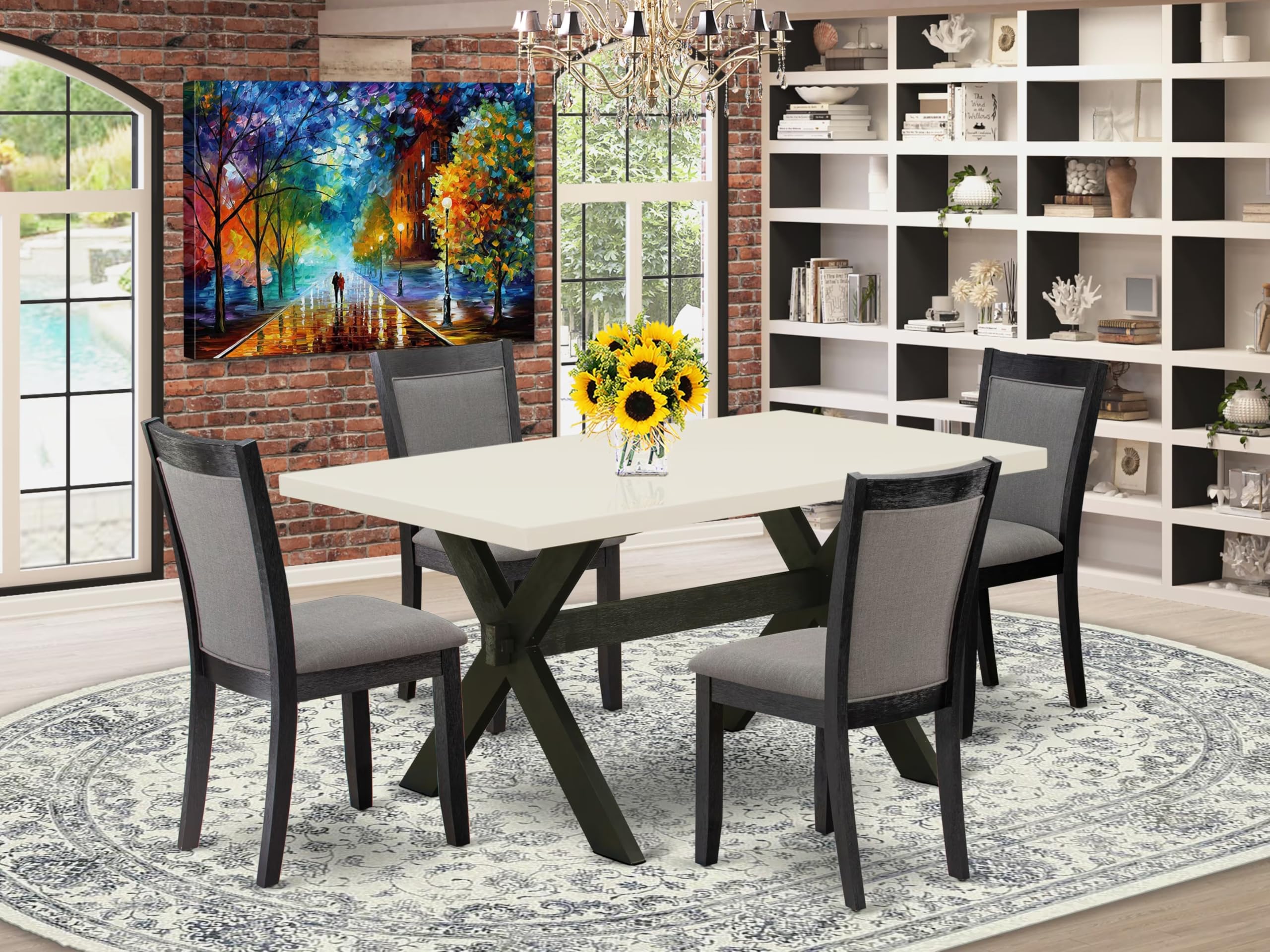 East West Furniture 5-Piece Kitchen Table Set for 4 - 36x60 Inch Rectangle Dining Table with X-Legs & 4 Dark Gotham Grey Linen Fabric Chairs - Perfect for Small Dining Rooms, Breakfast Nooks, and Apartment Living