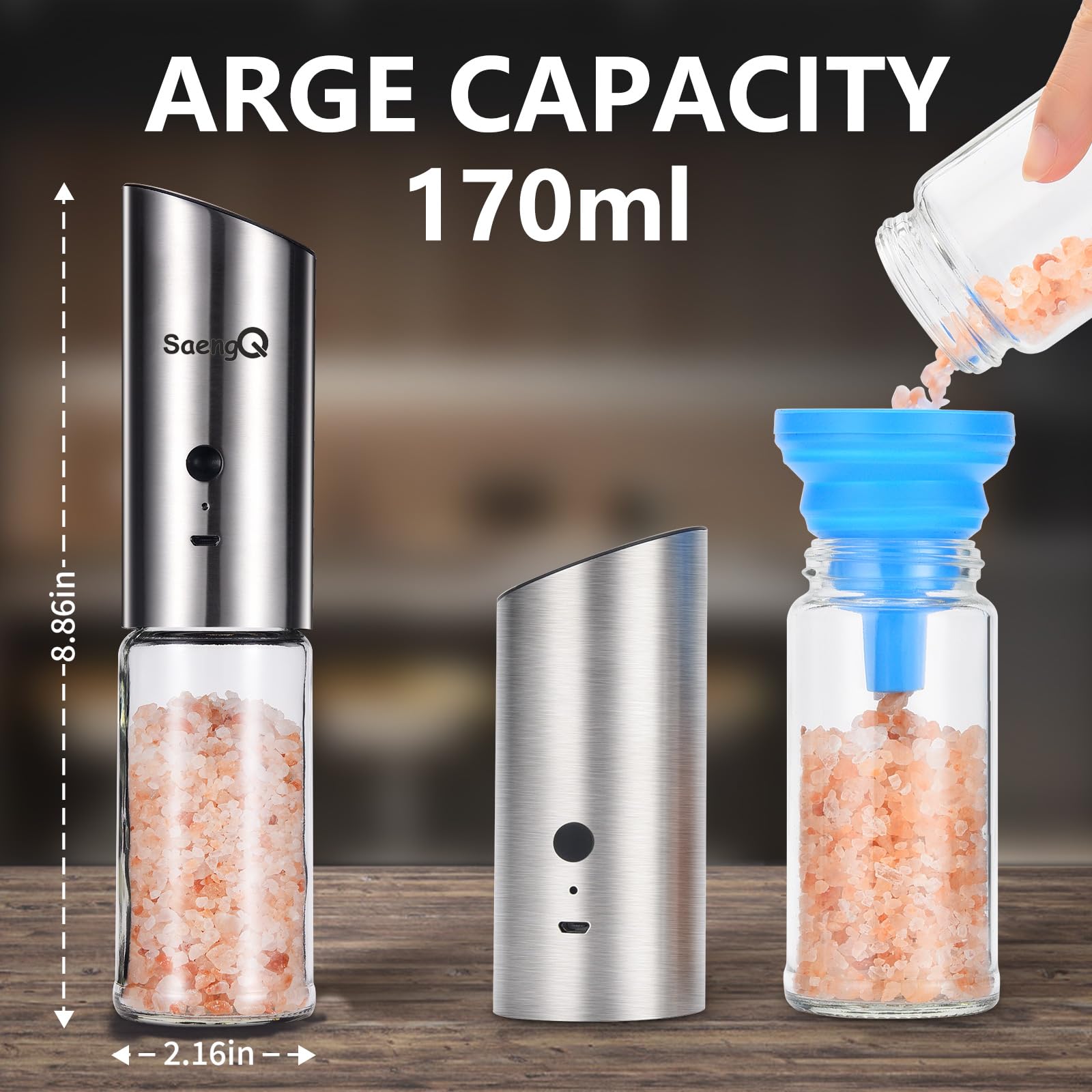 Premium USB Rechargeable Electric Salt and Pepper Grinder Set - Adjustable Coarseness with LED Light - Tall Glass Refillable Spice Mills for Kitchen, Dining & Cooking - Perfect for Home Chefs & Gourmet Cooking