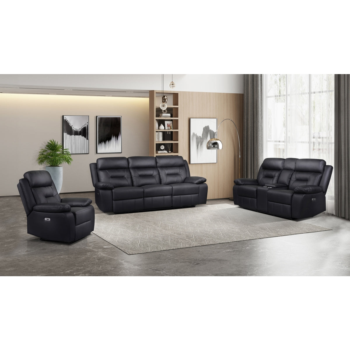 Premium Black Leather Power Reclining Loveseat with USB Charging Ports & Cup Holders - Modern Living Room Furniture for Relaxing & Entertaining