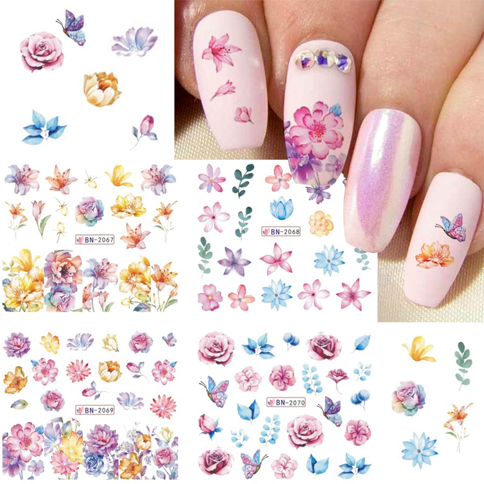 12 Sheets Holographic Flower Water Transfer Nail Decals - DIY Nail Art Stickers with Blooming Flowers & Colorful Leaves - Pink Floral Manicure Designs for Women & Girls - Perfect for Parties, Weddings, and Special Occasions