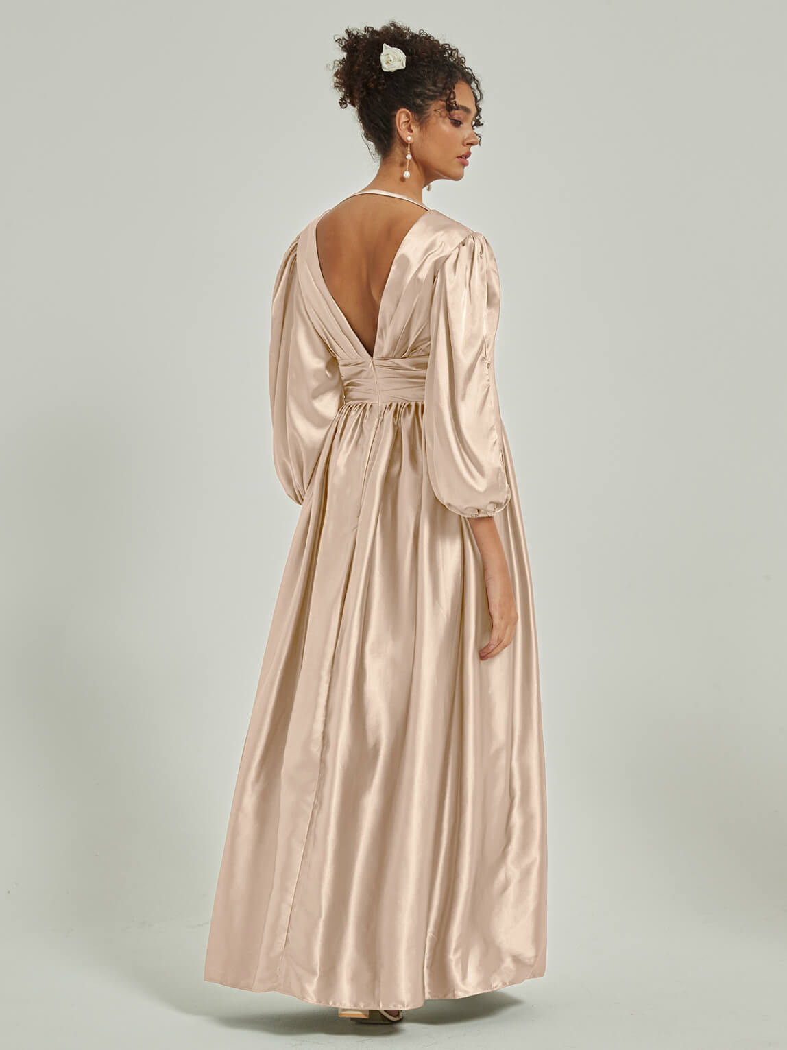 Elegant Champagne Satin Bridesmaid Dress with 3/4 Sleeves, V-Neck & Pleated Skirt - Perfect for Weddings, Formal Events & Special Occasions