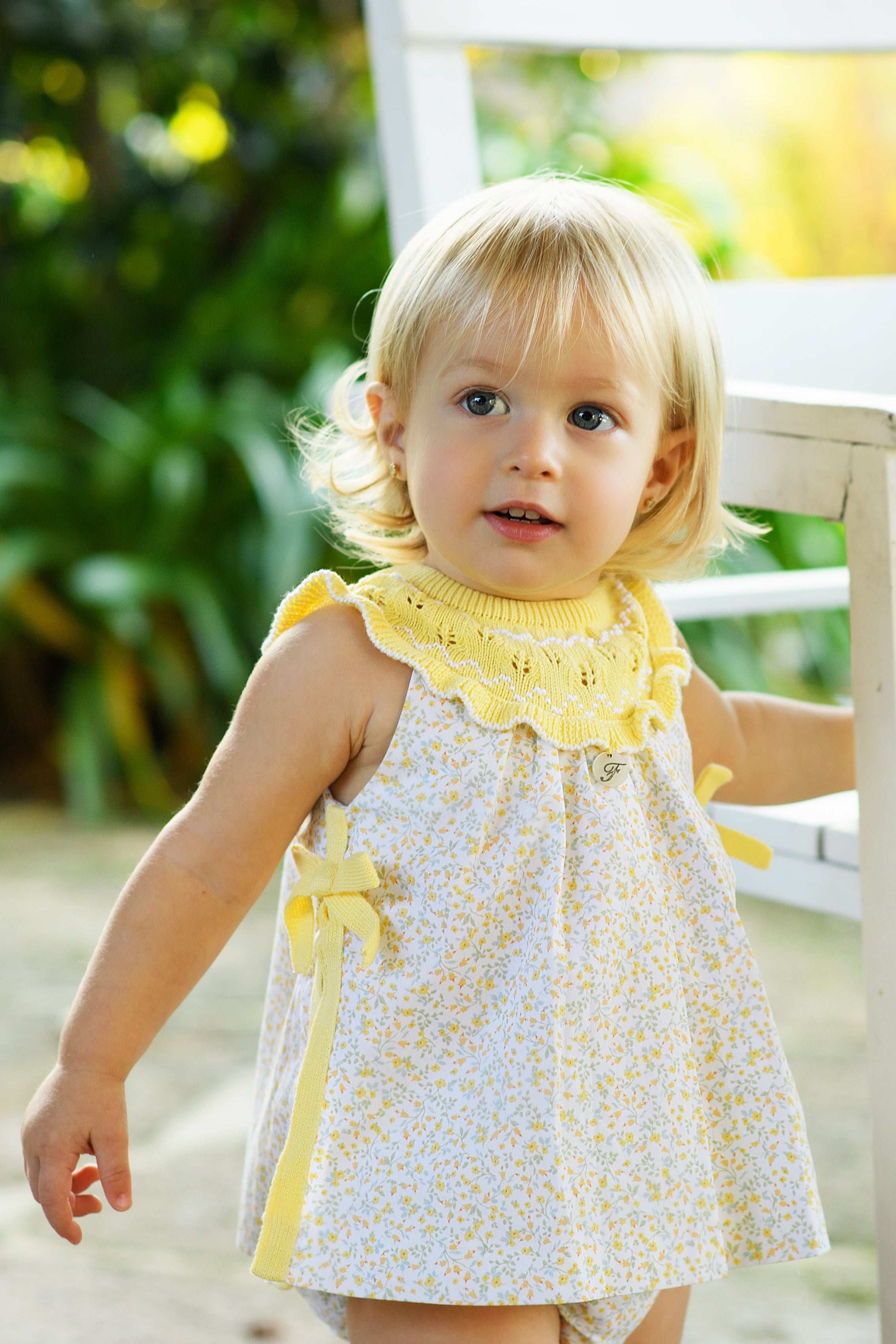 Tahlia Lemon Half Knit Floral Dress & Bloomers Set - Elegant Baby Girl Outfit for Photoshoots, Parties & Special Occasions