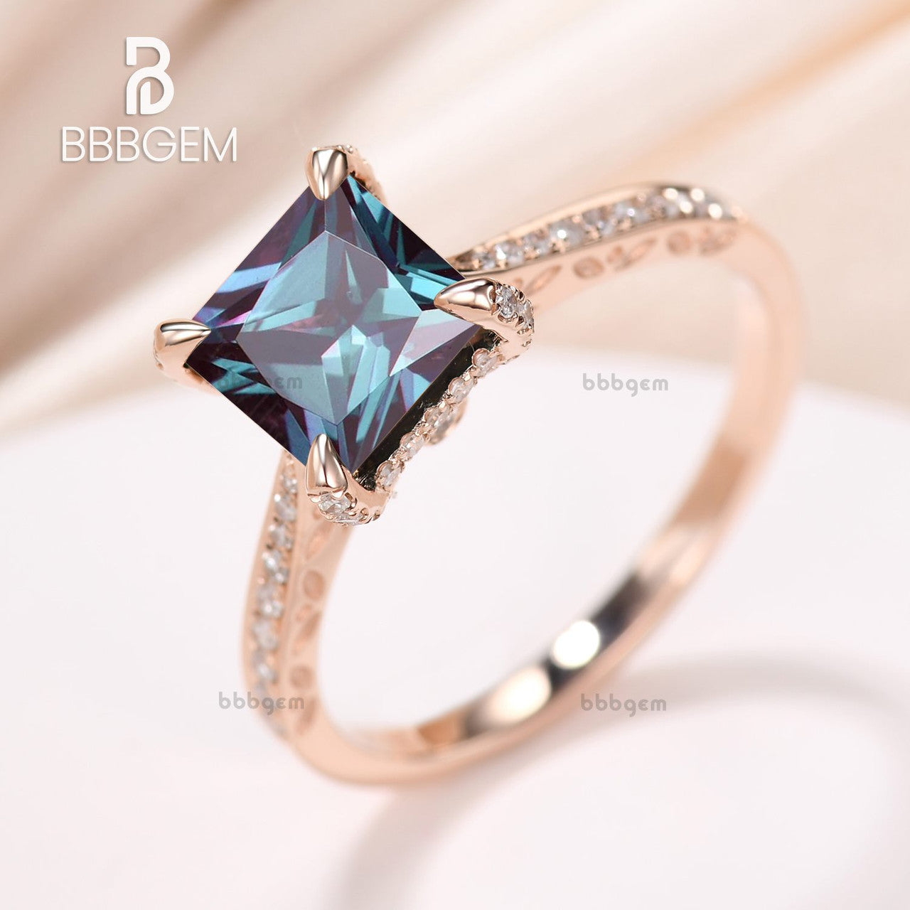 Hidden Halo Alexandrite Engagement Ring - Princess Cut Lab-Created Alexandrite with Diamond Accents | Perfect for Proposals, Weddings & Anniversary Gifts