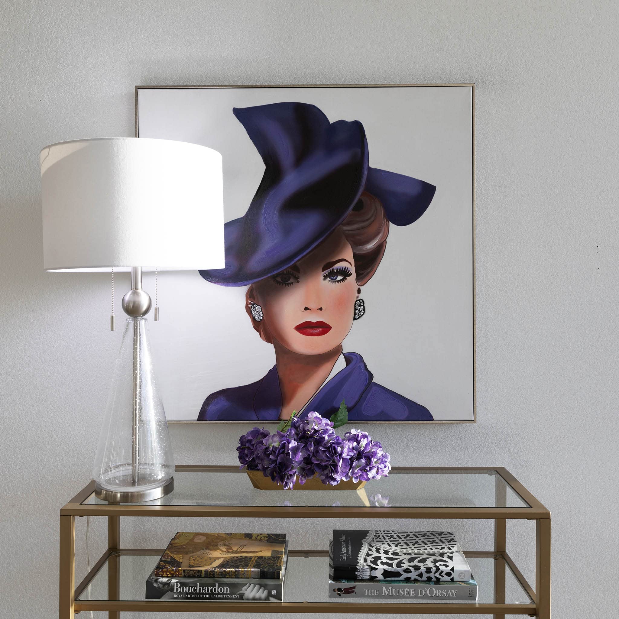 Hand-Painted 3D Silver Rhinestone Purple Lady Wall Art - 36x36 Inch Framed Canvas Painting in Indigo Blue & Silver - Elegant Home Decor for Living Room, Bedroom or Office - Sold Individually