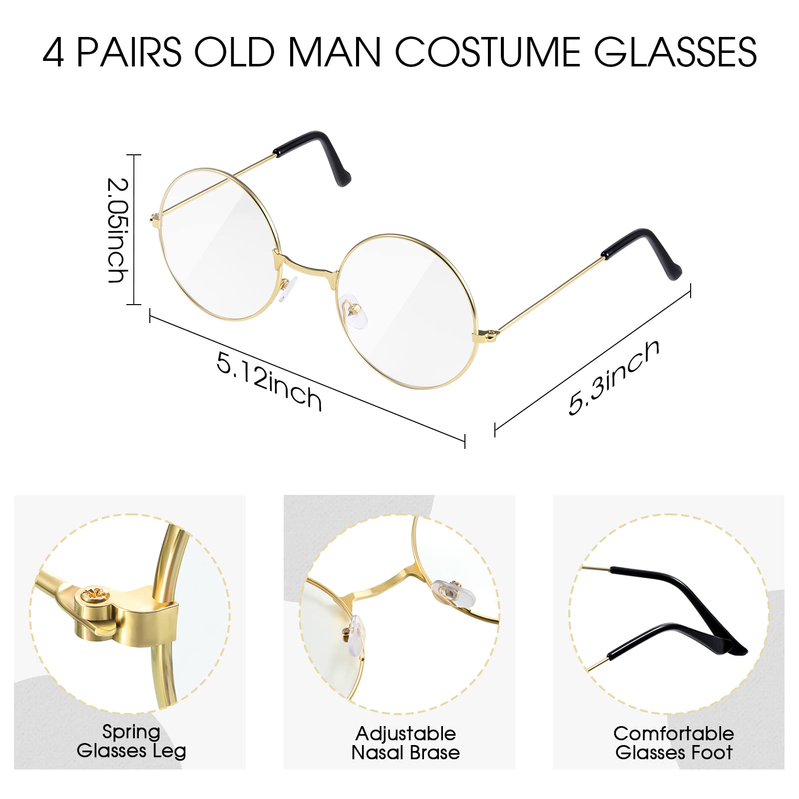 Waydress 8-Piece Old Man Costume Set for Kids - Includes 4 Mustache & Eyebrow Kits + 4 Pairs Round Vintage Glasses - Perfect for Halloween, Cosplay & Themed Parties