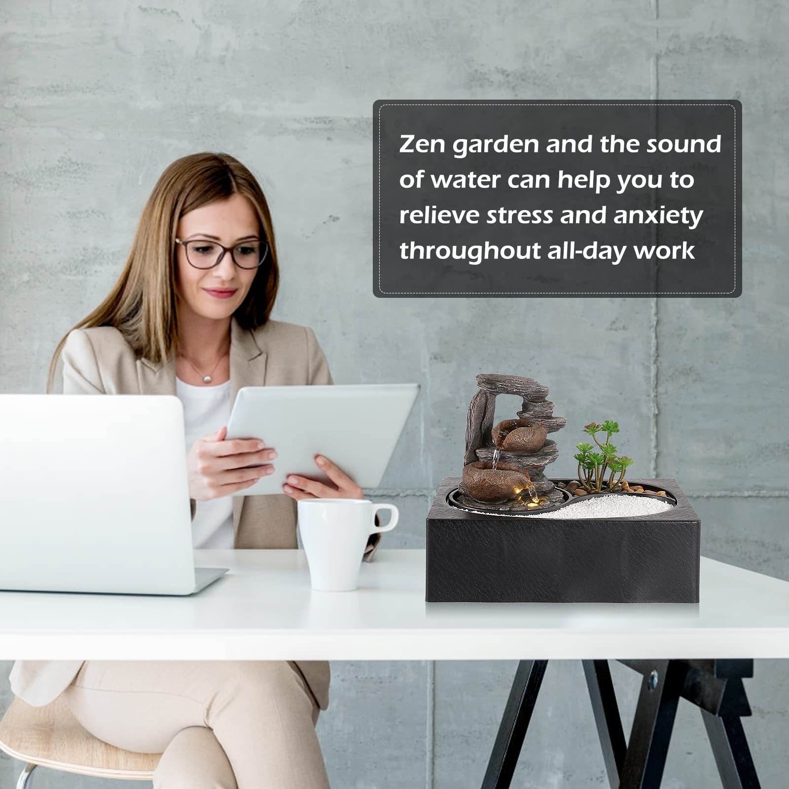 Dyna-Living Indoor Tabletop Water Fountain with Pump - Zen Garden Relaxation Desk Waterfall Fountain for Home, Office, Yoga & Meditation Room Decor - Perfect for Stress Relief & Feng Shui (Style 2)