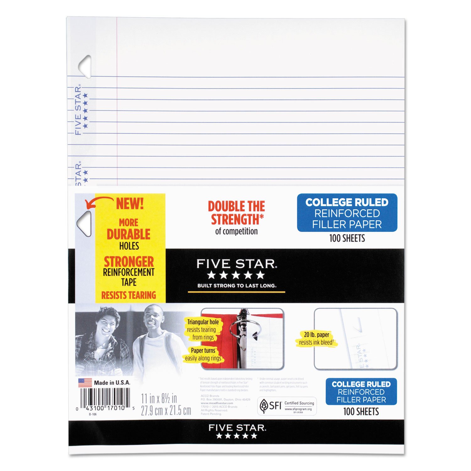 Five Star Reinforced College Ruled Loose Leaf Paper - 8.5 x 11 Inches, 100 Sheets (17010) | Premium Filler Paper for School, Office & Homework | Compatible with Study Apps & 3-Ring Binders
