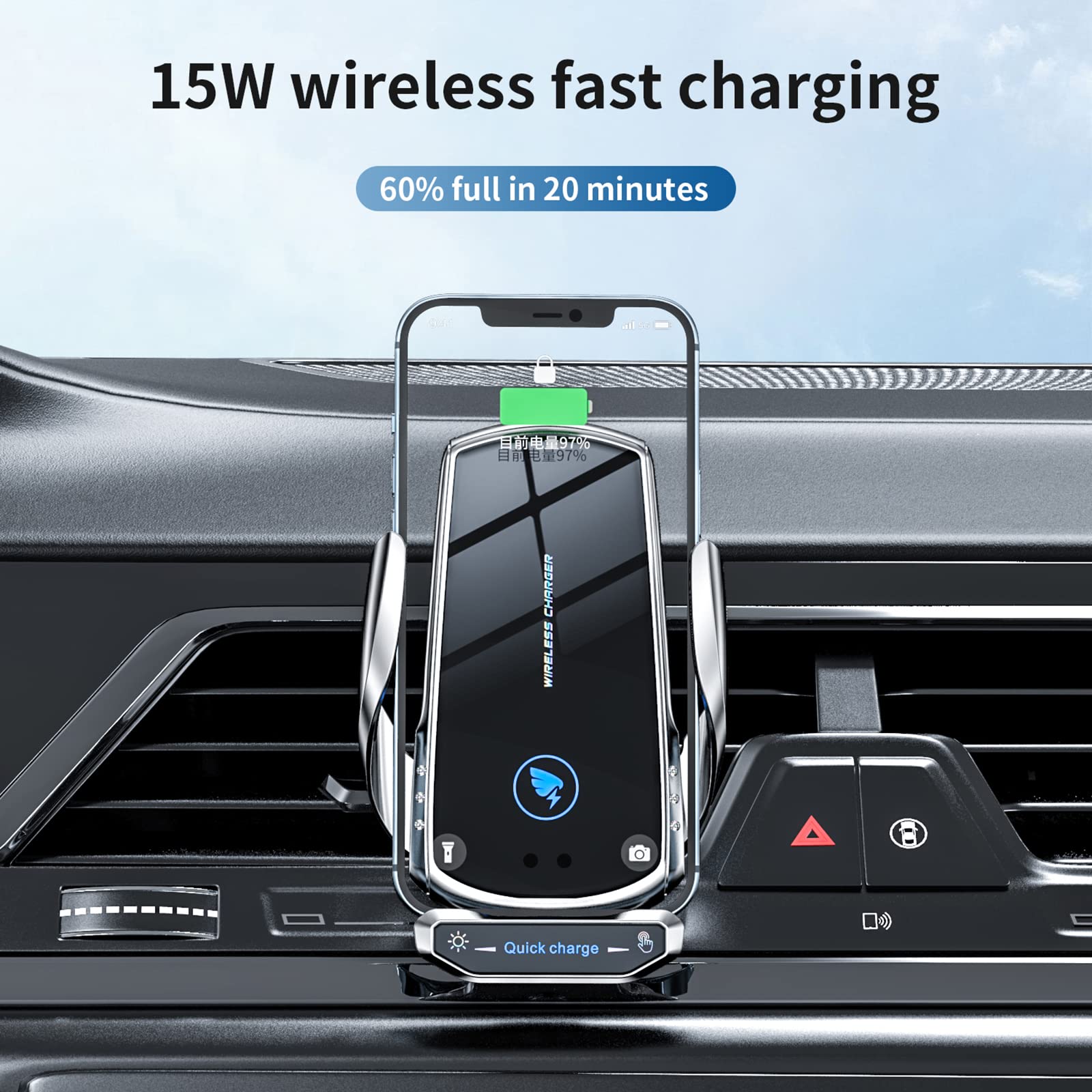 15W Fast Wireless Car Charger Mount - Auto Clamping Phone Holder for Android - Red - Perfect for Commuting & Road Trips
