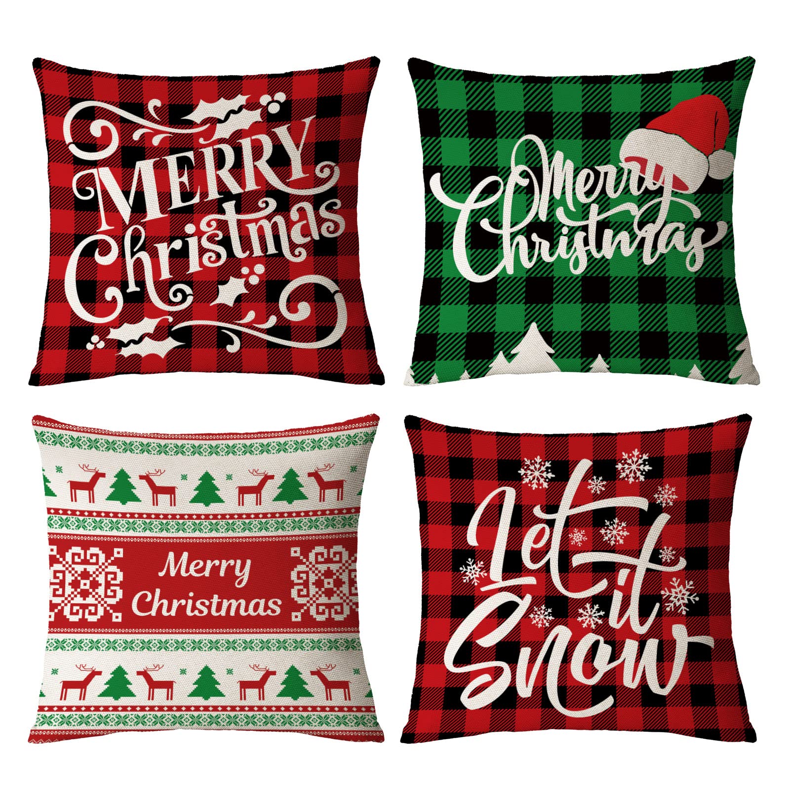 Festive Christmas Pillow Covers Set of 4 - 12x12 Inch Red & Green Holiday Decorative Throw Pillow Cases with Christmas Tree, Deer & Santa Designs - Perfect for Sofa, Couch, Bed or Outdoor Christmas Decorations (12 by 12) - Ideal for Living Room, Porch & Holiday Home Decor