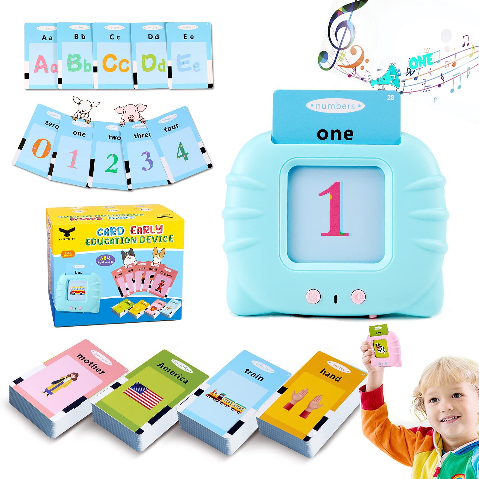 FREE TO FLY Talking Flash Cards for Toddlers 2-4 Years | 384 Sight Words Speech Therapy Toys | Learn Alphabet ABC Letters, Colors, Numbers & Shapes | Animals Learning Toy | Educational Gifts for Kids Age 2-5 | Perfect for Preschool Learning, Speech Development & Early Childhood Education